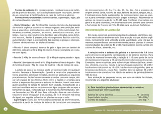46
Capitulo VIII - Nutrição mineral, calagem e adubação das hortaliças
Fontes de potássio (K): cinzas vegetais, resíduos (cascas de café),
pó de granito e basalto, sulfato de potássio (com restrições, deven-
do-se comunicar à Certificadora no caso do cultivo orgânico).
Fontes de micronutrientes: biofertilizantes, supermagro, algas, pós
de rochas (basalto e granito).
• Biofertilizantes: são fertilizantes líquidos obtidos da degradação
da matéria orgânica (estercos ou restos vegetais) em condições aeró-
bias e anaeróbias em biodigestor. Além de seu efeito nutricional, for-
necendo proteínas, enzimas, vitaminas, antibióticos naturais, alca-
lóides, macro e micronutrientes, também são utilizados como defen-
sivo natural, devido à presença do microrganismo Bacillus subtillis,
aumentando o vigor e a resistência das plantas às pragas e doenças.
Existem várias receitas de biofertilizantes:
• Receita 1 (mais simples): esterco de gado + água (em um tambor de
200 litros colocam-se 50 a 80kg de esterco fresco e completa-se o volu-
me com água);
• Receita 2: 40kg de esterco fresco + 20 a 40kg de capins picados + água;
• Receita 3 (enriquecido com P e K): 50kg de esterco fresco de gado + 15kg
de farinha de ossos + 5kg de cinzas de madeira + 4kg de melaço de cana.
A adição de açúcar ou melaço (pode ser acrescentado em qualquer
receita) favorece a fermentação. Quando a receita for preparada na
forma anaeróbia (em local fechado), devem ser adotados os seguintes
procedimentos: fechar hermeticamente o tambor com uma tampa, dei-
xar um espaço de no mínimo 20cm entre o líquido e a tampa para
evitar o expansão dos gases e o estouro do tambor, inserir uma man-
gueira plástica na tampa do tambor, bem vedada, mergulhando-se a
outra extremidade em um recipiente com água (os gases vão escapar e
borbulhar na água, indicando que o material está fermentando). Dei-
xar fermentar por 30 a 40 dias. Para utilização, deve-se coar o biofer-
tilizante e diluir em água (1 a 5%, ou seja, de 1 a 5 litros em 100 litros
de água), em seguida pulverizar as plantas ou regar o solo.
- Supermagro: é uma das formas mais conhecidas de biofertilizante,
produzido a partir da mistura de esterco de curral com um complexo
de micronutrientes (B, Cu, Fe, Mn, Cl, Co, Mo, Zn) e produtos de
origem animal (leite, farinha de osso, farinha de peixe, sangue, etc.).
É indicado como fonte suplementar de micronutrientes para as plan-
tas e para aumentar a resistência às pragas e doenças. Recomenda-se
aplicar na concentração de 1 a 5% (2% para frutíferas e hortaliças em
geral e 4% para o tomate), em intervalos de uma semana para tomate
e hortaliças de frutos e de 10 a 20 dias para as demais hortaliças.
RECOMENDAÇÕES DE ADUBAÇÃO
Em escala comercial as recomendações de adubação são feitas a par-
tir dos resultados da análise do solo. Caso a opção seja por adubos orgâ-
nicos, normalmente será utilizada grande quantidade, uma vez que os
mesmos possuem baixos teores de nutrientes para as plantas: é comum
recomendações da ordem de 80 a 100t/ha de esterco bovino curtido em
cultivo de alface, almeirão, etc.
A relação entre o esterco de galinha e o bovino é de 1:4 (uma
parte de esterco de galinha corresponde a 4 de esterco bovino). Para
a torta de mamona fermentada, a relação é 1:10 (uma parte de torta
de mamona corresponde a 10 partes de esterco bovino ou de curral).
Exemplos: deve-se aplicar para as hortaliças folhosas (alface, almei-
rão, chicória, escarola, rúcula e agrião d’água) no plantio: 60 a 80t/
ha de esterco de curral ou 15 a 20t/ha de esterco de galinha; para as
brassicáceas (brócoli, couve-flor, repolho) deve-se aplicar 40 a 60t/
ha de esterco de curral ou 10 a 15t/ha de esterco de galinha (Boletim
100 do IAC).
Para adubação de pequenas hortas, em solos de média fertilidade,
recomenda-se a seguinte adubação:
A. Para hortaliças plantadas em sementeiras e canteiros
(quantidade por metro quadrado)
Esterco de curral (bovino) .............................. 15 – 20 litros
Superfosfato simples .....................................150 a 200g *
Cloreto de potássio ........................................ 20 a 50g *
 