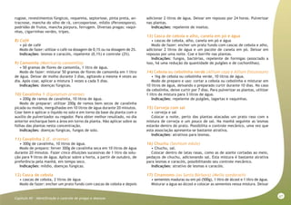 67
Capitulo XII - Identificação e controle de pragas e doenças
rugose, revestimentos fúngicos, requeima, septoriose, pinta preta, an-
tracnose, mancha do olho de rã, cercosporiose, míldio (Peronospora),
podridão de frutos, mancha púrpura, ferrugem. Diversas pragas: vaqui-
nhas, cigarrinhas verdes, tripes.
8) Café
• pó de café
Modo de fazer: utilizar o café na dosagem de 0,1% ou na dosagem de 2%.
Indicações: lesmas e caracóis, repelente (0,1%) e controle (2%).
9) Camomila (Matricaria camomilla)
• 50 gramas de flores de camomila, 1 litro de água.
Modo de fazer: misturar 50 gramas de flores de camomila em 1 litro
de água. Deixar de molho durante 3 dias, agitando a mesma 4 vezes ao
dia. Após coar, aplicar a mistura 3 vezes a cada 5 dias.
Indicações: doenças fúngicas.
10) Cavalinha 1 (Equisetum arvense)
• 200g de ramos de cavalinha, 10 litros de água.
Modo de preparar: utilizar 200g de ramos bem secos de cavalinha
picada ou moída, mergulhadas em 10 litros de água durante 20 minutos.
Coar bem e aplicar o líquido no solo e em torno da base da planta com o
auxílio de pulverizador ou regador. Para obter melhor resultado, no dia
anterior encharque bem a área em torno da planta. Não aplicar sobre as
folhas das plantas nesta concentração.
Indicações: doenças fúngicas, fungos de solo.
11) Cavalinha 2 (E. arvense)
• 300g de cavalinha, 10 litros de água.
Modo de preparo: ferver 300g de cavalinha seca em 10 litros de água
durante 20 minutos. Fazer cinco diluições sucessivas de 1 litro da solu-
ção para 9 litros de água. Aplicar sobre a horta, a partir de outubro, de
preferência pela manhã, em tempo seco.
Indicações: míldio, doenças fúngicas.
12) Casca de cebola
• cascas de cebola, 2 litros de água
Modo de fazer: encher um prato fundo com cascas de cebola e depois
adicionar 2 litros de água. Deixar em repouso por 24 horas. Pulverizar
nas plantas.
Indicações: repelente de insetos.
13) Casca de cebola e alho, canela em pó e água
• cascas de cebola, alho, canela em pó e água
Modo de fazer: encher um prato fundo com cascas de cebola e alho,
adicionar 2 litros de água e um pacote de canela em pó. Deixar em
repouso por uma noite. Coe e borrife nas plantas.
Indicações: fungos, bactérias, repelente de formigas (associado a
isso, há uma redução da quantidade de pulgões e de cochonilhas).
14) Cebola ou cebolinha verde (Allium cepa e Allium fistulosum)
• 1kg de cebola ou cebolinha verde, 10 litros de água.
Modo de preparo e uso: cortar a cebola ou cebolinha e misturar em
10 litros de água, deixando o preparado curtir durante 10 dias. No caso
da cebolinha, deixe curtir por 7 dias. Para pulverizar as plantas, utilizar
1 litro da mistura para 3 litros de água.
Indicações: repelente de pulgões, lagartas e vaquinhas.
15) Cerveja com sal
• cerveja e sal
Colocar a noite, perto das plantas atacadas um prato raso com a
mistura de cerveja e um pouco de sal. Na manhã seguinte as lesmas
estarão dentro do prato. Possibilita o controle mecânico, uma vez que
esta associação apresenta-se bastante atrativa.
Indicações: atrativos para lesmas.
16) Chuchu (Sechium edule)
• Chuchu, sal.
Colocar dentro de latas rasas, como as de azeite cortadas ao meio,
pedaços de chuchu, adicionando sal. Esta mistura é bastante atrativa
para lesmas e caracóis, possibilitando seu controle mecânico.
Indicações: atrativo de lesmas e caracóis.
17) Cinamomo (ou Santa Bárbara) (Melia azedarach)
• sementes maduras ou em pó (500g), 1 litro de álcool e 1 litro de água.
Misturar a água ao álcool e colocar as sementes nessa mistura. Deixar
 