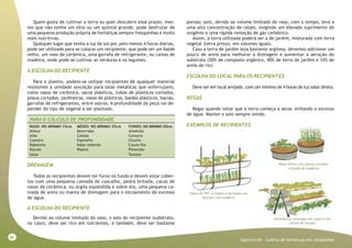 80
Capitulo XV - Cultivo de hortaliças em recipientes
Quem gosta de cultivar a terra ou quer descobrir esse prazer, mes-
mo que não tenha um sítio ou um quintal grande, pode desfrutar de
uma pequena produção própria de hortaliças sempre fresquinhas e muito
mais nutritivas.
Qualquer lugar que tenha a luz do sol por, pelo menos 4 horas diárias,
pode ser utilizado para se colocar um recipiente, que pode ser um balde
velho, um vaso de cerâmica, uma garrafa de refrigerante, ou caixas de
madeira, onde pode-se cultivar as verduras e os legumes.
A ESCOLHA DO RECIPIENTE
Para o plantio, podem-se utilizar recipientes de qualquer material
resistente à umidade (exceção para latas metálicas que enferrujam),
como vasos de cerâmica, sacos plásticos, tubos de plásticos cortados,
pneus cortados, jardineiras, vasos de plásticos, baldes plásticos, bacias,
garrafas de refrigerantes, entre outros. A profundidade da peça vai de-
pender do tipo de vegetal a ser plantado.
PARA O CÁLCULO DE PROFUNDIDADE
RASO: NO MÍNIMO 15cm MÉDIO: NO MÍNIMO 25cm FUNDO: NO MÍNIMO 30cm
Alface Beterraba Almeirão
Alho Cebola Cenoura
Coentro Espinafre Chuchu
Rabanete Nabo redondo Couve-flor
Rúcula Pepino Pimentão
Salsa Tomate
DRENAGEM
Todos os recipientes devem ter furos no fundo e devem estar cober-
tos com uma pequena camada de cascalho, pedra britada, cacos de
vasos de cerâmica, ou argila expandida e sobre ela, uma pequena ca-
mada de areia ou manta de drenagem para o escoamento do excesso
de água.
A ESCOLHA DO RECIPIENTE
Devido ao volume limitado do vaso, o solo do recipiente (substrato,
no caso), deve ser rico em nutrientes, e também, deve ser bastante
poroso; pois, devido ao volume limitado do vaso, com o tempo, leva a
uma alta concentração de raízes, exigindo um elevado suprimento de
oxigênio e uma rápida remoção de gás carbônico.
Assim, a terra utilizada poderá ser a de jardim, misturada com terra
vegetal (terra preta), em volumes iguais.
Caso a terra de jardim seja bastante argilosa, devemos adicionar um
pouco de areia para melhorar a drenagem e aumentar a aeração do
substrato (50% de composto orgânico, 40% de terra de jardim e 10% de
areia de rio).
ESCOLHA DO LOCAL PARA OS RECIPIENTES
Deve ser em local arejado, com um mínimo de 4 horas de luz solar direta.
REGAS
Regar quando notar que a terra começa a secar, evitando o excesso
de água. Manter o solo sempre úmido.
EXEMPLOS DE RECIPIENTES
Vasos feitos com pneus cortados
e fundo de madeira
Tubos de PVC cortados e fechados nas
laterais com madeira
Jardineiras colocadas em suporte em
forma de escada
 