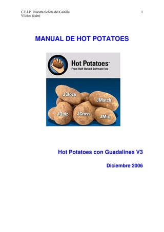 1

C.E.I.P. Nuestra Señora del Castillo
Vilches (Jaén)

MANUAL DE HOT POTATOES

Hot Potatoes con Guadalinex V3
Diciembre 2006

 