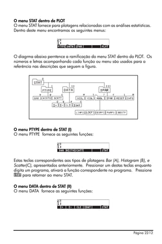 Página 22-12
O menu STAT dentro de PLOT
O menu STAT fornece para plotagens relacionadas com as análises estatísticas.
Dentro deste menu encontramos os seguintes menus:
O diagrma abaixo perntence a ramificação do menu STAT dentro do PLOT. Os
números e letras acompanhando cada função ou menu são usados para a
referência nas descrições que seguem a figura.
O menu PTYPE dentro de STAT (I)
O menu PTYPE fornece as seguintes funções:
Estas teclas correspondentes aos tipos de plotagens Bar (A), Histogram (B), e
Scatter(C), apresentados anteriormente. Pressionar um destas teclas enquanto
digita um programa, ativará a função correspondente no programa. Pressione
)STAT para retornar ao menu STAT.
O menu DATA dentro de STAT (II)
O menu DATA fornece as seguintes funções:
 