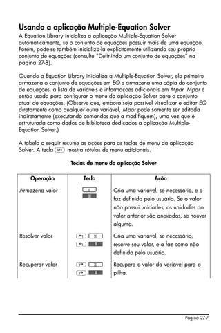 Página 27-7
Usando a aplicação Multiple-Equation Solver
A Equation Library inicializa a aplicação Multiple-Equation Solver
automaticamente, se o conjunto de equações possuir mais de uma equação.
Porém, pode-se também inicializá-la explicitamente utilizando seu próprio
conjunto de equações (consulte “Definindo um conjunto de equações” na
página 27-8).
Quando a Equation Library inicializa a Multiple-Equation Solver, ela primeiro
armazena o conjunto de equações em EQ e armazena uma cópia do conjunto
de equações, a lista de variáveis e informações adicionais em Mpar. Mpar é
então usada para configurar o menu da aplicação Solver para o conjunto
atual de equações. (Observe que, embora seja possível visualizar e editar EQ
diretamente como qualquer outra variável, Mpar pode somente ser editada
indiretamente (executando comandos que a modifiquem), uma vez que é
estruturada como dados de biblioteca dedicados à aplicação Multiple-
Equation Solver.)
A tabela a seguir resume as ações para as teclas de menu da aplicação
Solver. A tecla L mostra rótulos de menu adicionais.
Teclas de menu da aplicação Solver
Operação Tecla Ação
Armazena valor !!!!!!!!!X!!!!!!!!!
%%X$$
Cria uma variável, se necessário, e a
faz definida pelo usuário. Se o valor
não possui unidades, as unidades do
valor anterior são anexadas, se houver
alguma.
Resolver valor ! !!!!!!!!!X!!!!!!!!!
! %%X$$
Cria uma variável, se necessário,
resolve seu valor, e a faz como não
definida pelo usuário.
Recuperar valor … !!!!!!!!!X!!!!!!!!!
… %%X$$
Recupera o valor da variável para a
pilha.
 