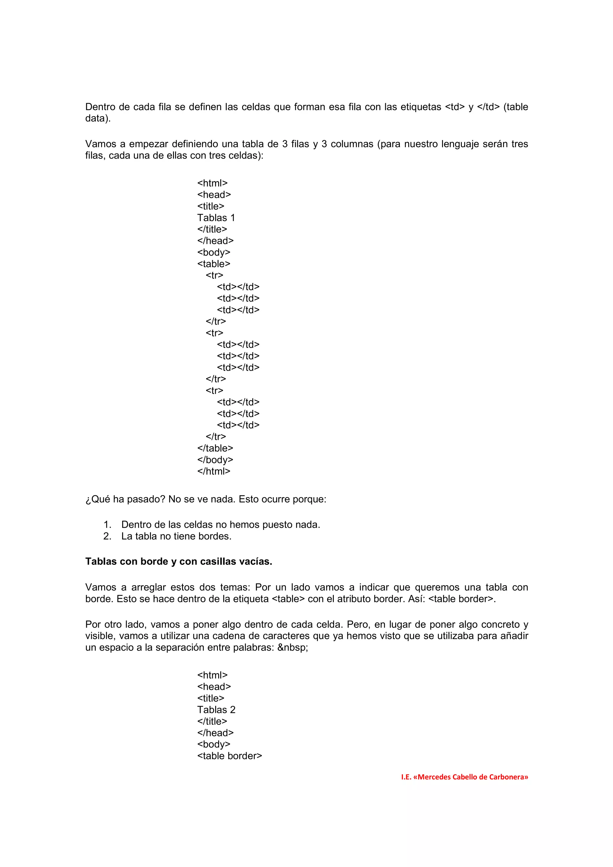 Dentro de cada fila se definen las celdas que forman esa fila con las etiquetas <td> y </td> (table
data).

Vamos a empezar definiendo una tabla de 3 filas y 3 columnas (para nuestro lenguaje serán tres
filas, cada una de ellas con tres celdas):

                        <html>
                        <head>
                        <title>
                        Tablas 1
                        </title>
                        </head>
                        <body>
                        <table>
                          <tr>
                              <td></td>
                              <td></td>
                              <td></td>
                          </tr>
                          <tr>
                              <td></td>
                              <td></td>
                              <td></td>
                          </tr>
                          <tr>
                              <td></td>
                              <td></td>
                              <td></td>
                          </tr>
                        </table>
                        </body>
                        </html>

¿Qué ha pasado? No se ve nada. Esto ocurre porque:

    1. Dentro de las celdas no hemos puesto nada.
    2. La tabla no tiene bordes.

Tablas con borde y con casillas vacías.

Vamos a arreglar estos dos temas: Por un lado vamos a indicar que queremos una tabla con
borde. Esto se hace dentro de la etiqueta <table> con el atributo border. Así: <table border>.

Por otro lado, vamos a poner algo dentro de cada celda. Pero, en lugar de poner algo concreto y
visible, vamos a utilizar una cadena de caracteres que ya hemos visto que se utilizaba para añadir
un espacio a la separación entre palabras: &nbsp;

                        <html>
                        <head>
                        <title>
                        Tablas 2
                        </title>
                        </head>
                        <body>
                        <table border>

                                                                      I.E. «Mercedes Cabello de Carbonera»
 