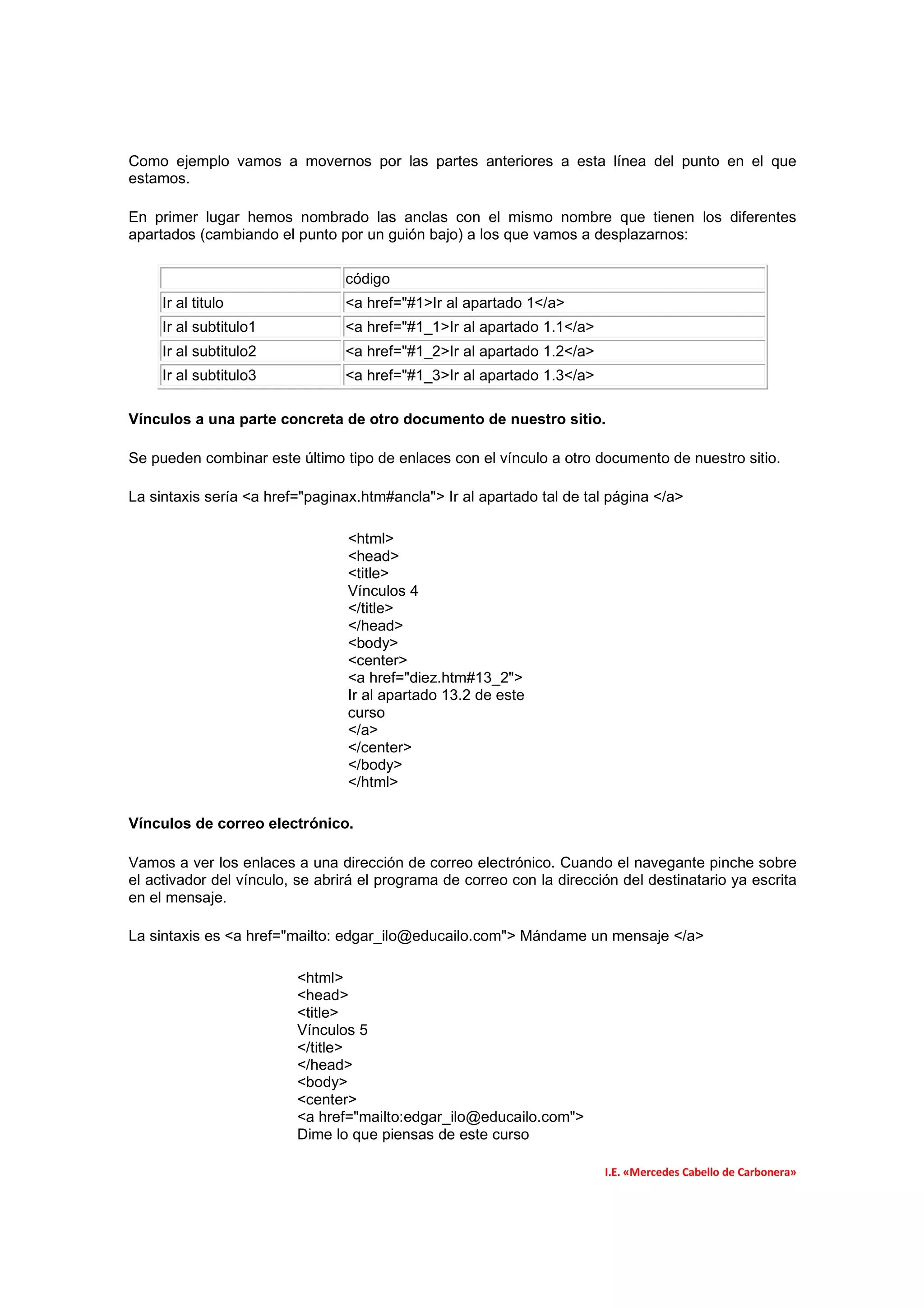Como ejemplo vamos a movernos por las partes anteriores a esta línea del punto en el que
estamos.

En primer lugar hemos nombrado las anclas con el mismo nombre que tienen los diferentes
apartados (cambiando el punto por un guión bajo) a los que vamos a desplazarnos:

                                 código
     Ir al titulo                <a href="#1>Ir al apartado 1</a>
     Ir al subtitulo1            <a href="#1_1>Ir al apartado 1.1</a>
     Ir al subtitulo2            <a href="#1_2>Ir al apartado 1.2</a>
     Ir al subtitulo3            <a href="#1_3>Ir al apartado 1.3</a>

Vínculos a una parte concreta de otro documento de nuestro sitio.

Se pueden combinar este último tipo de enlaces con el vínculo a otro documento de nuestro sitio.

La sintaxis sería <a href="paginax.htm#ancla"> Ir al apartado tal de tal página </a>

                                 <html>
                                 <head>
                                 <title>
                                 Vínculos 4
                                 </title>
                                 </head>
                                 <body>
                                 <center>
                                 <a href="diez.htm#13_2">
                                 Ir al apartado 13.2 de este
                                 curso
                                 </a>
                                 </center>
                                 </body>
                                 </html>

Vínculos de correo electrónico.

Vamos a ver los enlaces a una dirección de correo electrónico. Cuando el navegante pinche sobre
el activador del vínculo, se abrirá el programa de correo con la dirección del destinatario ya escrita
en el mensaje.

La sintaxis es <a href="mailto: edgar_ilo@educailo.com"> Mándame un mensaje </a>

                         <html>
                         <head>
                         <title>
                         Vínculos 5
                         </title>
                         </head>
                         <body>
                         <center>
                         <a href="mailto:edgar_ilo@educailo.com">
                         Dime lo que piensas de este curso

                                                                        I.E. «Mercedes Cabello de Carbonera»
 
