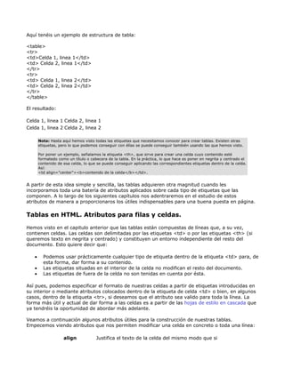 Aquí tenéis un ejemplo de estructura de tabla:

<table>
<tr>
<td>Celda 1, linea 1</td>
<td> Celda 2, linea 1</td>
</tr>
<tr>
<td> Celda 1, linea 2</td>
<td> Celda 2, linea 2</td>
</tr>
</table>

El resultado:

Celda 1, linea 1 Celda 2, linea 1
Celda 1, linea 2 Celda 2, linea 2

       Nota: Hasta aquí hemos visto todas las etiquetas que necesitamos conocer para crear tablas. Existen otras
       etiquetas, pero lo que podemos conseguir con éllas se puede conseguir también usando las que hemos visto.

       Por poner un ejemplo, señalamos la etiqueta <th>, que sirve para crear una celda cuyo contenido esté
       formatedo como un título o cabecera de la tabla. En la práctica, lo que hace es poner en negrita y centrado el
       contenido de esa celda, lo que se puede conseguir aplicando las correspondientes etiquetas dentro de la celda.
       Así:
       <td align="center"><b>contenido de la celda</b></td>.


A partir de esta idea simple y sencilla, las tablas adquieren otra magnitud cuando les
incorporamos toda una batería de atributos aplicados sobre cada tipo de etiquetas que las
componen. A lo largo de los siguientes capítulos nos adentraremos en el estudio de estos
atributos de manera a proporcionaros los útiles indispensables para una buena puesta en página.

Tablas en HTML. Atributos para filas y celdas.

Hemos visto en el capitulo anterior que las tablas están compuestas de líneas que, a su vez,
contienen celdas. Las celdas son delimitadas por las etiquetas <td> o por las etiquetas <th> (si
queremos texto en negrita y centrado) y constituyen un entorno independiente del resto del
documento. Esto quiere decir que:

   •     Podemos usar prácticamente cualquier tipo de etiqueta dentro de la etiqueta <td> para, de
         esta forma, dar forma a su contenido.
   •     Las etiquetas situadas en el interior de la celda no modifican el resto del documento.
   •     Las etiquetas de fuera de la celda no son tenidas en cuenta por ésta.

Así pues, podemos especificar el formato de nuestras celdas a partir de etiquetas introducidas en
su interior o mediante atributos colocados dentro de la etiqueta de celda <td> o bien, en algunos
casos, dentro de la etiqueta <tr>, si deseamos que el atributo sea valido para toda la línea. La
forma más útil y actual de dar forma a las celdas es a partir de las hojas de estilo en cascada que
ya tendréis la oportunidad de abordar más adelante.

Veamos a continuación algunos atributos útiles para la construcción de nuestras tablas.
Empecemos viendo atributos que nos permiten modificar una celda en concreto o toda una línea:

                    align            Justifica el texto de la celda del mismo modo que si
 