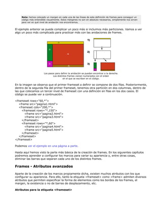 Nota: hemos colocado un margen en cada una de las líneas de esta definición de frames para conseguir un
    código más entendible visualmente. Estos márgenes no son en absoluto necesarios, simplemente nos sirven
    para ver en qué nivel de anidación nos encontramos.


El ejemplo anterior se puede complicar un poco más si incluimos más particiones. Vamos a ver
algo un poco más complicado para practicar más con las anidaciones de frames.




                       Los pasos para definir la anidación se pueden encontrar a la derecha.
                               Los distintos frames vienen numerados con el orden
                                         en el que se escriben en el código.

En la imagen se observa que el primer frameset a definir se compone de dos filas. Posteriormente,
dentro de la segunda fila del primer frameset, tenemos otra partición en dos columnas, dentro de
las que colocamos un tercer nivel de frameset con una definción en filas en los dos casos. El
código se puede ver a continuación.

<frameset rows="60,*">
   <frame src="pagina1.html">
   <frameset cols="200,*">
     <frameset rows="*,150">
       <frame src="pagina2.html">
       <frame src="pagina3.html">
     </frameset>
     <frameset rows="*,60">
       <frame src="pagina4.html">
       <frame src="pagina5.html">
     </frameset>
   </frameset>
</frameset>

Podemos ver el ejemplo en una página a parte.

Hasta aquí hemos visto la parte más básica de la creación de frames. En los siguientes capítulos
podremos aprender a configurar los marcos para variar su apariencia y, entre otras cosas,
eliminar las barras que separan cada uno de los distintos frames.

Frames - Atributos avanzados

Aparte de la creación de los marcos propiamente dicha, existen muchos atributos con los que
configurar su apariencia. Para ello, tanto la etiqueta <frameset> como <frame> admiten diversos
atributos que permiten especificar la forma de elementos como los bordes de los frames, el
margen, la existencia o no de barras de desplazamiento, etc.

Atributos para la etiqueta <frameset>
 
