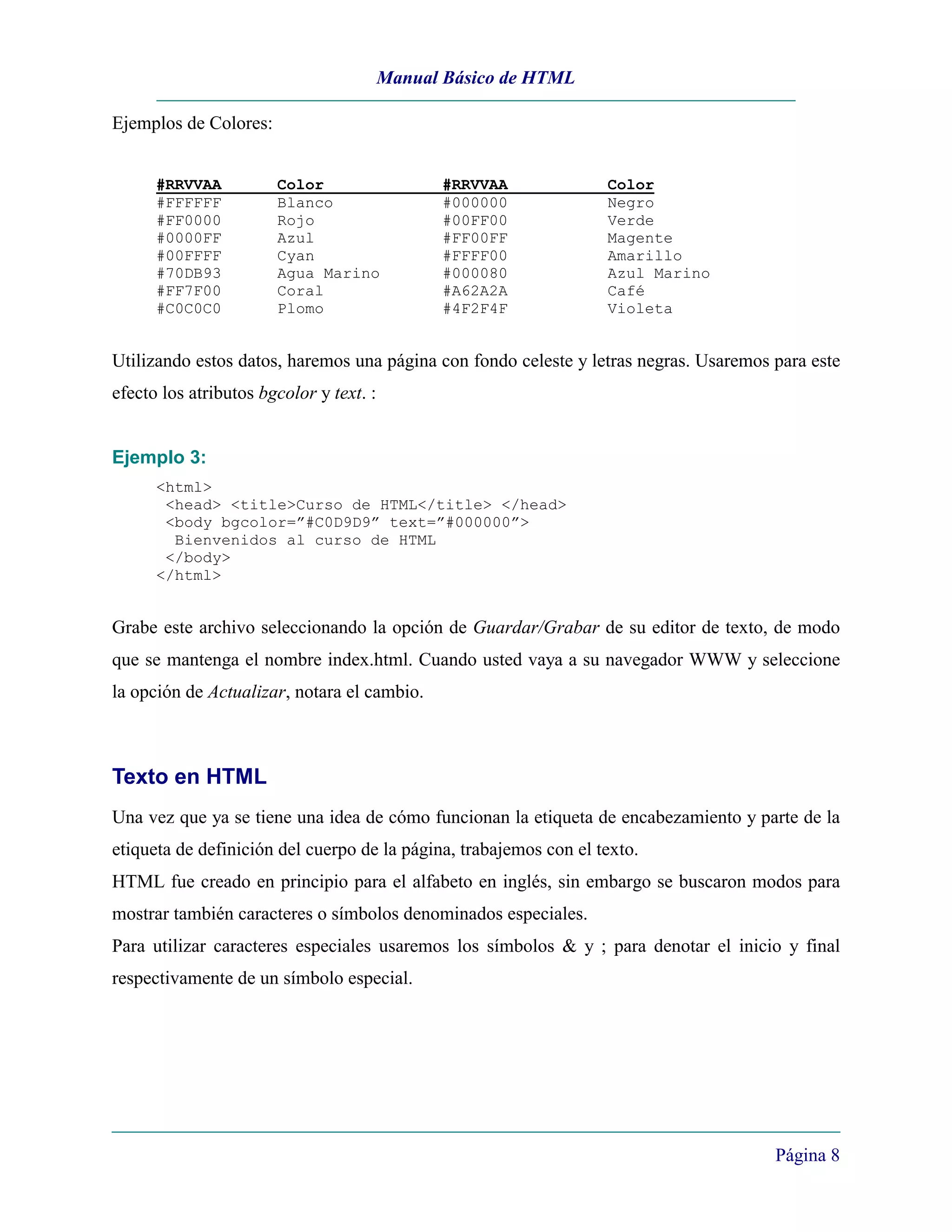 Manual Básico de HTML

Ejemplos de Colores:


      #RRVVAA          Color                   #RRVVAA             Color
      #FFFFFF          Blanco                  #000000             Negro
      #FF0000          Rojo                    #00FF00             Verde
      #0000FF          Azul                    #FF00FF             Magente
      #00FFFF          Cyan                    #FFFF00             Amarillo
      #70DB93          Agua Marino             #000080             Azul Marino
      #FF7F00          Coral                   #A62A2A             Café
      #C0C0C0          Plomo                   #4F2F4F             Violeta


Utilizando estos datos, haremos una página con fondo celeste y letras negras. Usaremos para este
efecto los atributos bgcolor y text. :


Ejemplo 3:
      <html>
       <head> <title>Curso de HTML</title> </head>
       <body bgcolor=”#C0D9D9” text=”#000000”>
        Bienvenidos al curso de HTML
       </body>
      </html>


Grabe este archivo seleccionando la opción de Guardar/Grabar de su editor de texto, de modo
que se mantenga el nombre index.html. Cuando usted vaya a su navegador WWW y seleccione
la opción de Actualizar, notara el cambio.



Texto en HTML
Una vez que ya se tiene una idea de cómo funcionan la etiqueta de encabezamiento y parte de la
etiqueta de definición del cuerpo de la página, trabajemos con el texto.
HTML fue creado en principio para el alfabeto en inglés, sin embargo se buscaron modos para
mostrar también caracteres o símbolos denominados especiales.
Para utilizar caracteres especiales usaremos los símbolos & y ; para denotar el inicio y final
respectivamente de un símbolo especial.




                                                                                       Página 8
 