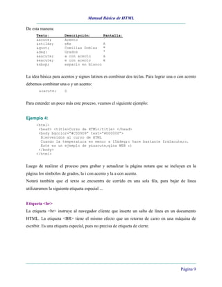 Manual Básico de HTML

De esta manera:
      Texto:           Descripción:               Pantalla:
      &acute;          Acento                     ´
      &ntilde;         eñe                        ñ
      "           Comillas Dobles            "
      &deg:            Grados                     °
      &aacute;         a con acento               á
      &eacute;         e con acento               é
      &nbsp;           espacio en blanco


La idea básica para acentos y signos latinos es combinar dos teclas. Para lograr una o con acento
debemos combinar una o y un acento:
       &oacute;        ó


Para entender un poco más este proceso, veamos el siguiente ejemplo:


Ejemplo 4:
      <html>
       <head> <title>Curso de HTML</title> </head>
       <body bgcolor=”#C0D9D9” text=”#000000”>
        Bienvenidos al curso de HTML
        Cuando la temperatura es menor a 15&deg;c hace bastante fr&iacute;o.
        Este es un ejemplo de p&aacute;gina WEB :)
       </body>
      </html>


Luego de realizar el proceso para grabar y actualizar la página notara que se incluyen en la
página los símbolos de grados, la i con acento y la a con acento.
Notará también que el texto se encuentra de corrido en una sola fila, para bajar de linea
utilizaremos la siguiente etiqueta especial ...


Etiqueta <br>
La etiqueta <br> instruye al navegador cliente que inserte un salto de línea en un documento
HTML. La etiqueta <BR> tiene el mismo efecto que un retorno de carro en una máquina de
escribir. Es una etiqueta especial, pues no precisa de etiqueta de cierre.




                                                                                        Página 9
 