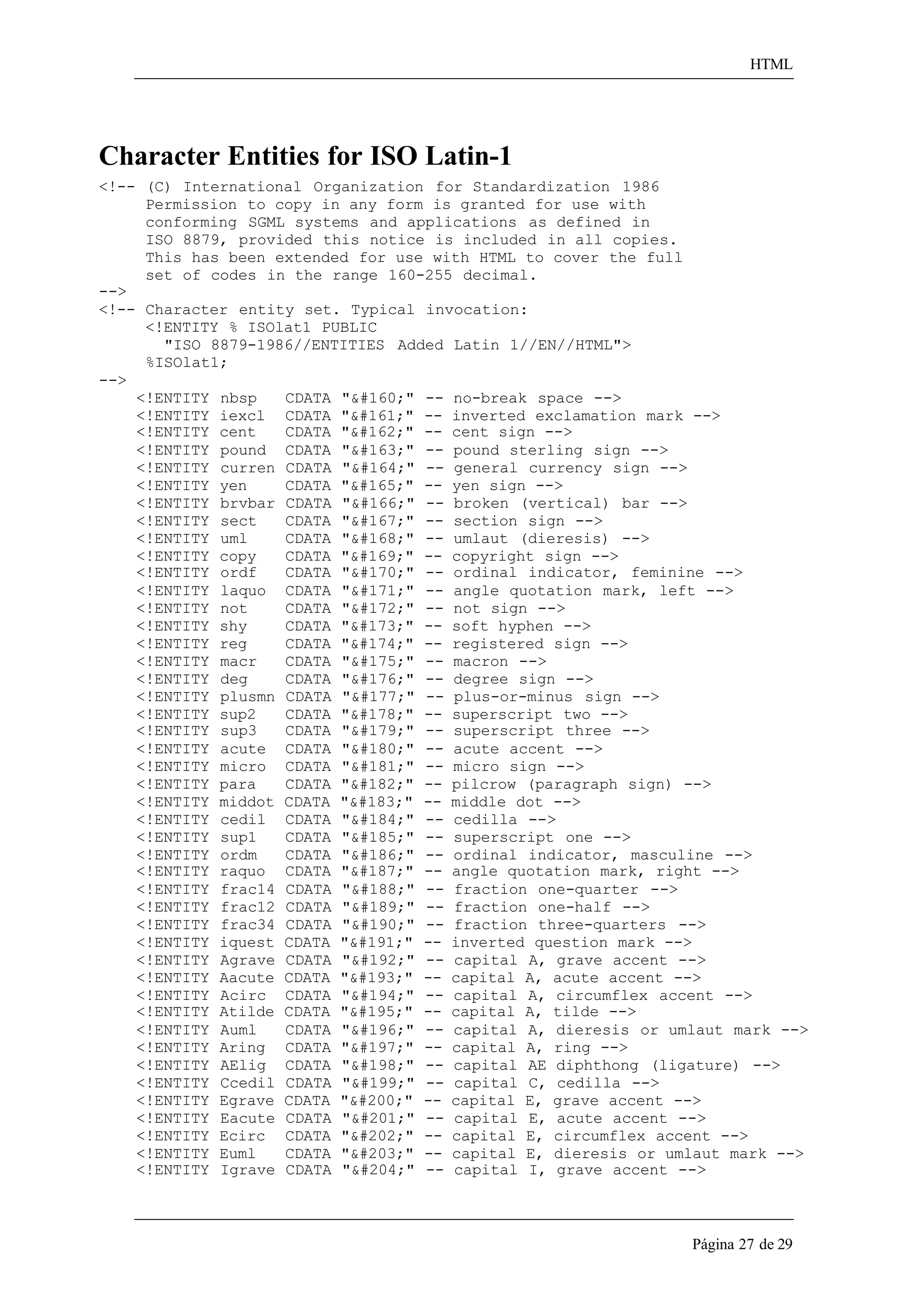HTML 
Página 27 de 29 
Character Entities for ISO Latin-1 
<!-- (C) International Organization for Standardization 1986 
Permission to copy in any form is granted for use with conforming SGML systems and applications as defined in 
ISO 8879, provided this notice is included in all copies. This has been extended for use with HTML to cover the full set of codes in the range 160-255 decimal. 
--> 
<!-- Character entity set. Typical invocation: 
<!ENTITY % ISOlat1 PUBLIC 
"ISO 8879-1986//ENTITIES Added Latin 1//EN//HTML"> 
%ISOlat1; 
--> 
<!ENTITY nbsp CDATA "&#160;" -- no-break space --> 
<!ENTITY iexcl CDATA "&#161;" -- inverted exclamation mark --> 
<!ENTITY cent CDATA "&#162;" -- cent sign --> 
<!ENTITY pound CDATA "&#163;" -- pound sterling sign --> 
<!ENTITY curren CDATA "&#164;" -- general currency sign --> 
<!ENTITY yen CDATA "&#165;" -- yen sign --> 
<!ENTITY brvbar CDATA "&#166;" -- broken (vertical) bar --> 
<!ENTITY sect CDATA "&#167;" -- section sign --> 
<!ENTITY uml CDATA "&#168;" -- umlaut (dieresis) --> 
<!ENTITY copy CDATA "&#169;" -- copyright sign --> 
<!ENTITY ordf CDATA "&#170;" -- ordinal indicator, feminine --> 
<!ENTITY laquo CDATA "&#171;" -- angle quotation mark, left --> 
<!ENTITY not CDATA "&#172;" -- not sign --> 
<!ENTITY shy CDATA "&#173;" -- soft hyphen --> 
<!ENTITY reg CDATA "&#174;" -- registered sign --> 
<!ENTITY macr CDATA "&#175;" -- macron --> 
<!ENTITY deg CDATA "&#176;" -- degree sign --> 
<!ENTITY plusmn CDATA "&#177;" -- plus-or-minus sign --> 
<!ENTITY sup2 CDATA "&#178;" -- superscript two --> 
<!ENTITY sup3 CDATA "&#179;" -- superscript three --> 
<!ENTITY acute CDATA "&#180;" -- acute accent --> 
<!ENTITY micro CDATA "&#181;" -- micro sign --> 
<!ENTITY para CDATA "&#182;" -- pilcrow (paragraph sign) --> 
<!ENTITY middot CDATA "&#183;" -- middle dot --> 
<!ENTITY cedil CDATA "&#184;" -- cedilla --> 
<!ENTITY sup1 CDATA "&#185;" -- superscript one --> 
<!ENTITY ordm CDATA "&#186;" -- ordinal indicator, masculine --> 
<!ENTITY raquo CDATA "&#187;" -- angle quotation mark, right --> 
<!ENTITY frac14 CDATA "&#188;" -- fraction one-quarter --> 
<!ENTITY frac12 CDATA "&#189;" -- fraction one-half --> 
<!ENTITY frac34 CDATA "&#190;" -- fraction three-quarters --> 
<!ENTITY iquest CDATA "&#191;" -- inverted question mark --> 
<!ENTITY Agrave CDATA "&#192;" -- capital A, grave accent --> 
<!ENTITY Aacute CDATA "&#193;" -- capital A, acute accent --> 
<!ENTITY Acirc CDATA "&#194;" -- capital A, circumflex accent --> 
<!ENTITY Atilde CDATA "&#195;" -- capital A, tilde --> 
<!ENTITY Auml CDATA "&#196;" -- capital A, dieresis or umlaut mark --> 
<!ENTITY Aring CDATA "&#197;" -- capital A, ring --> 
<!ENTITY AElig CDATA "&#198;" -- capital AE diphthong (ligature) --> 
<!ENTITY Ccedil CDATA "&#199;" -- capital C, cedilla --> 
<!ENTITY Egrave CDATA "&#200;" -- capital E, grave accent --> 
<!ENTITY Eacute CDATA "&#201;" -- capital E, acute accent --> 
<!ENTITY Ecirc CDATA "&#202;" -- capital E, circumflex accent --> 
<!ENTITY Euml CDATA "&#203;" -- capital E, dieresis or umlaut mark --> 
<!ENTITY Igrave CDATA "&#204;" -- capital I, grave accent -->  