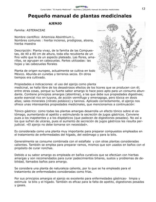 13Curso-taller: “El Huerto Medicinal” - Apuntes y pequeño manual de plantas medicinales
Pequeño manual de plantas medicinales
AJENJO
Familia: ASTERACEAE
Nombre científico: Artemisia Absinthium L.
Nombres comunes : hierba incienso, prodigiosa, alosna,
hierba maestra
Descripción: Planta vivaz, de la familia de las Compues-
tas, de 40 a 80 cm de altura, toda ella recubierta de un
fino vello que le da un aspecto plateado. Las flores, ama-
rillas, se agrupan en cabezuelas. Partes utilizadas: las
hojas y las cabezuelas florales
Planta de origen europeo, actualmente se cultiva en todo
México. Abunda en cunetas y terrenos secos. En otros
tiempos era cultivado.
Propiedades e indicaciones: el uso del ajenjo como planta
medicinal, se halla libre de los desastrosos efectos de los licores que se producen con él;
entre otras cosas, porque su fuerte sabor amargo lo hace poco apto para un consumo abun-
dante. Contiene principios amargos (absintina), a las que debe sus propiedades digestivas;
aceite esencial rico en tuyona, de acción vermífuga y emenagoga, pero tóxica en dosis
altas; sales minerales (nitrato potásico) y taninos. Aplicado correctamente, el ajenjo nos
ofrece unas interesantes propiedades medicinales, que mencionamos a continuación:
Tónico gástrico: como todas las plantas amargas desarrolla un efecto tónico sobre el es-
tómago, aumentando el apetito y estimulando la secreción de jugos gástricos. Conviene
pues a los inapetentes y a los dispépticos (que padecen de digestiones pesadas). No así a
los que sufren de ulceras, pues el aumento de secreción de jugos gástricos les resulta per-
judicial. «El ajenjo no debe tomarse sin necesidad».
Es considerada como una planta muy importante para preparar compuestos empleados en
el tratamiento de enfermedades del hígado, del estómago y para la bilis.
Generalmente se consume combinada con el estafiate y con otras plantas consideradas
calientes. También se emplea para preparar ramos, mismos que son usados en baños con el
propósito de curar ronchas.
Debido a su sabor amargo es empleada en baños curativos que se efectúan con hierbas
amargas y son recomendados para curar padecimientos biliares, sustos y problemas de de-
bilidad, llamados baños para amargo.
Se considera una planta de naturaleza caliente, por lo que se ha empleado para el
tratamiento de enfermedades consideradas como frías.
Por sus principios amargos el ajenjo es excelente para enfermedades gástricas- limpia y
estimula la bilis y el hígado. También es eficaz para la falta de apetito, digestiones pesadas
y gases.
 