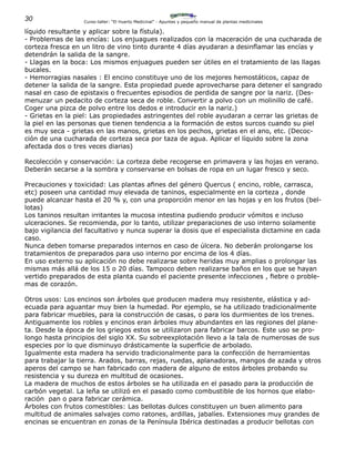 30 Curso-taller: “El Huerto Medicinal” - Apuntes y pequeño manual de plantas medicinales
líquido resultante y aplicar sobre la fístula).
- Problemas de las encías: Los enjuagues realizados con la maceración de una cucharada de
corteza fresca en un litro de vino tinto durante 4 días ayudaran a desinflamar las encías y
detendrán la salida de la sangre.
- Llagas en la boca: Los mismos enjuagues pueden ser útiles en el tratamiento de las llagas
bucales.
- Hemorragias nasales : El encino constituye uno de los mejores hemostáticos, capaz de
detener la salida de la sangre. Esta propiedad puede aprovecharse para detener el sangrado
nasal en caso de epistaxis o frecuentes episodios de perdida de sangre por la nariz. (Des-
menuzar un pedacito de corteza seca de roble. Convertir a polvo con un molinillo de café.
Coger una pizca de polvo entre los dedos e introducir en la nariz.)
- Grietas en la piel: Las propiedades astringentes del roble ayudaran a cerrar las grietas de
la piel en las personas que tienen tendencia a la formación de estos surcos cuando su piel
es muy seca - grietas en las manos, grietas en los pechos, grietas en el ano, etc. (Decoc-
ción de una cucharada de corteza seca por taza de agua. Aplicar el líquido sobre la zona
afectada dos o tres veces diarias)
Recolección y conservación: La corteza debe recogerse en primavera y las hojas en verano.
Deberán secarse a la sombra y conservarse en bolsas de ropa en un lugar fresco y seco.
Precauciones y toxicidad: Las plantas afines del género Quercus ( encino, roble, carrasca,
etc) poseen una cantidad muy elevada de taninos, especialmente en la corteza , donde
puede alcanzar hasta el 20 % y, con una proporción menor en las hojas y en los frutos (bel-
lotas)
Los taninos resultan irritantes la mucosa intestina pudiendo producir vómitos e incluso
ulceraciones. Se recomienda, por lo tanto, utilizar preparaciones de uso interno solamente
bajo vigilancia del facultativo y nunca superar la dosis que el especialista dictamine en cada
caso.
Nunca deben tomarse preparados internos en caso de úlcera. No deberán prolongarse los
tratamientos de preparados para uso interno por encima de los 4 días.
En uso externo su aplicación no debe realizarse sobre heridas muy amplias o prolongar las
mismas más allá de los 15 o 20 días. Tampoco deben realizarse baños en los que se hayan
vertido preparados de esta planta cuando el paciente presente infecciones , fiebre o proble-
mas de corazón.
Otros usos: Los encinos son árboles que producen madera muy resistente, elástica y ad-
ecuada para aguantar muy bien la humedad. Por ejemplo, se ha utilizado tradicionalmente
para fabricar muebles, para la construcción de casas, o para los durmientes de los trenes.
Antiguamente los robles y encinos eran árboles muy abundantes en las regiones del plane-
ta. Desde la época de los griegos estos se utilizaron para fabricar barcos. Este uso se pro-
longo hasta principios del siglo XX. Su sobreexplotación llevo a la tala de numerosas de sus
especies por lo que disminuyo drásticamente la superficie de arbolado.
Igualmente esta madera ha servido tradicionalmente para la confección de herramientas
para trabajar la tierra. Arados, barras, rejas, ruedas, aplanadoras, mangos de azada y otros
aperos del campo se han fabricado con madera de alguno de estos árboles probando su
resistencia y su dureza en multitud de ocasiones.
La madera de muchos de estos árboles se ha utilizada en el pasado para la producción de
carbón vegetal. La leña se utilizó en el pasado como combustible de los hornos que elabo-
ración pan o para fabricar cerámica.
Árboles con frutos comestibles: Las bellotas dulces constituyen un buen alimento para
multitud de animales salvajes como ratones, ardillas, jabalíes. Extensiones muy grandes de
encinas se encuentran en zonas de la Península Ibérica destinadas a producir bellotas con
 