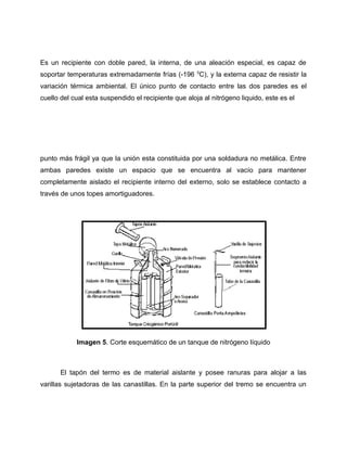 Es un recipiente con doble pared, la interna, de una aleación especial, es capaz de 
soportar temperaturas extremadamente frías (-196 0C), y la externa capaz de resistir la 
variación térmica ambiental. El único punto de contacto entre las dos paredes es el 
cuello del cual esta suspendido el recipiente que aloja al nitrógeno liquido, este es el 
punto más frágil ya que la unión esta constituida por una soldadura no metálica. Entre 
ambas paredes existe un espacio que se encuentra al vacío para mantener 
completamente aislado el recipiente interno del externo, solo se establece contacto a 
través de unos topes amortiguadores. 
Imagen 5. Corte esquemático de un tanque de nitrógeno líquido 
El tapón del termo es de material aislante y posee ranuras para alojar a las 
varillas sujetadoras de las canastillas. En la parte superior del tremo se encuentra un 
 