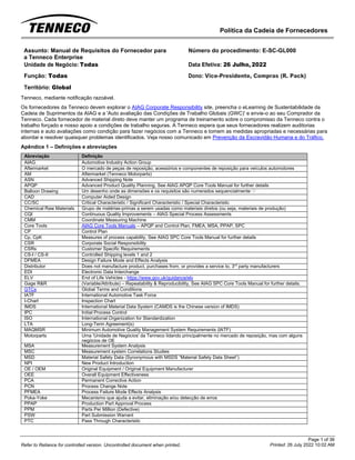 Política da Cadeia de Fornecedores
Page 1 of 36
Printed: 26 July 2022 10:02 AM
Refer to Reliance for controlled version. Uncontrolled document when printed.
Assunto: Manual de Requisitos do Fornecedor para
a Tenneco Enterprise
Número do procedimento: E-SC-GL000
Unidade de Negócio: Todas Data Efetiva: 26 Julho, 2022
Função: Todas
Território: Global
Dono: Vice-Presidente, Compras (R. Pack)
Tenneco, mediante notificação razoável.
Os fornecedores da Tenneco devem explorar o AIAG Corporate Responsibility site, preencha o eLearning de Sustentabilidade da
Cadeia de Suprimentos da AIAG e a 'Auto avaliação das Condições de Trabalho Globais (GWC)' e envie-o ao seu Comprador da
Tenneco. Cada fornecedor de material direto deve manter um programa de treinamento sobre o compromisso da Tenneco contra o
trabalho forçado e nosso apoio a condições de trabalho seguras. A Tenneco espera que seus fornecedores realizem auditorias
internas e auto avaliações como condição para fazer negócios com a Tenneco e tomem as medidas apropriadas e necessárias para
abordar e resolver quaisquer problemas identificados. Veja nosso comunicado em Prevenção da Escravidão Humana e do Tráfico.
Apêndice 1 – Definições e abreviações
Abreviação Definição
AIAG Automotive Industry Action Group
Aftermarket O mercado de peças de reposição, acessórios e componentes de reposição para veículos automotores
AM Aftermarket (Tenneco Motorparts)
ASN Advanced Shipping Note
APQP Advanced Product Quality Planning, See AIAG APQP Core Tools Manual for further details
Balloon Drawing Um desenho onde as dimensões e os requisitos são numerados sequencialmente
CAD Computer Aided Design
CC/SC Critical Characteristic / Significant Characteristic / Special Characteristic
Chemical Raw Materials Grupo de matérias-primas a serem usadas como materiais diretos (ou seja, materiais de produção)
CQI Continuous Quality Improvements – AIAG Special Process Assessments
CMM Coordinate Measuring Machine
Core Tools AIAG Core Tools Manuals – APQP and Control Plan, FMEA, MSA, PPAP, SPC
CP Control Plan
Cp, CpK Measures of process capability, See AIAG SPC Core Tools Manual for further details
CSR Corporate Social Responsibility
CSRs Customer Specific Requirements
CS-I / CS-II Controlled Shipping levels 1 and 2
DFMEA Design Failure Mode and Effects Analysis
Distributor Does not manufacture product, purchases from, or provides a service to, 3rd
party manufacturers
EDI Electronic Data Interchange
ELV End of Life Vehicles - https://www.gov.uk/guidance/elv
Gage R&R (Variable/Attribute) – Repeatability & Reproducibility, See AIAG SPC Core Tools Manual for further details.
GTCs Global Terms and Conditions
IATF International Automotive Task Force
I-Chart Inspection Chart
IMDS International Material Data System (CAMDS is the Chinese version of IMDS)
IPC Initial Process Control
ISO International Organization for Standardization
LTA Long-Term Agreement(s)
MAQMSR Minimum Automotive Quality Management System Requirements (IATF)
Motorparts Uma 'Unidade de Negócios' da Tenneco lidando principalmente no mercado de reposição, mas com alguns
negócios de OE
MSA Measurement System Analysis
MSC Measurement system Correlations Studies
MSD Material Safety Data (Synonymous with MSDS “Material Safety Data Sheet”)
NPI New Product Introduction
OE / OEM Original Equipment / Original Equipment Manufacturer
OEE Overall Equipment Effectiveness
PCA Permanent Corrective Action
PCN Process Change Note
PFMEA Process Failure Mode Effects Analysis
Poka-Yoke Mecanismo que ajuda a evitar, eliminação e/ou detecção de erros
PPAP Production Part Approval Process
PPM Parts Per Million (Defective)
PSW Part Submission Warrant
PTC Pass Through Characteristic
 