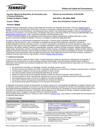 Política da Cadeia de Fornecedores
Page 1 of 36
Printed: 26 July 2022 10:02 AM
Refer to Reliance for controlled version. Uncontrolled document when printed.
Assunto: Manual de Requisitos do Fornecedor para
a Tenneco Enterprise
Número do procedimento: E-SC-GL000
Unidade de Negócio: Todas Data Efetiva: 26 Julho, 2022
Função: Todas
Território: Global
Dono: Vice-Presidente, Compras (R. Pack)
Detalhes adicionais relacionados à ética e conformidade são fornecidos nos seguintes documentos: Tenneco’s Supplier Code of
Conduct, contratos de fornecimento / GTCs entre a Tenneco e o fornecedor, materiais de treinamento e outras comunicações que a
Tenneco fornece aos seus fornecedores. Os fornecedores devem relatar a não conformidade suspeita ou real com este Manual de
Requisitos do Fornecedor ou com as leis locais. O fornecedor pode usar a Linha Direta de Ética da Tenneco em 866-828-8388 ou via
tennecohotline.ethicspoint.com onde o anonimato é oferecido, quando permitido por lei.
A Tenneco não tolera qualquer tipo de retaliação contra indivíduos que relatam honestamente violações potenciais ou reais.
Quando uma possível violação for relatada, a Tenneco a investigará e responderá adequadamente.
Ao realizar negócios com fornecedores e prestadores de serviços, a Tenneco pode compartilhar informações consideradas
confidenciais. Quando este for o caso, o fornecedor ou prestador de serviços deverá preencher e devolver o Contrato de
Confidencialidade da Tenneco. Em todos os casos, no entanto, fornecedores e prestadores de serviços manterão em sigilo, sejam
escritos em texto, dados ou formulário eletrônico, ou trocados verbalmente, todos os dados técnicos e know-how, informações
financeiras e de clientes, relatórios, desenhos, especificações, propostas, sistemas, fórmulas, processos, software (código-fonte ou
código objeto), fluxogramas, exames e respostas de exames, estudos, técnicas, compilações, protótipos, métodos de fazer negócios,
segredos comerciais e rascunhos, notas ou cópias de qualquer um dos anteriores que são de propriedade da Tenneco. Fornecedores
e prestadores de serviços também devem se abster de descompilar, fazer engenharia reversa ou reconstruir produtos, amostras ou
protótipos fornecidos pela Tenneco. Veja também o Tenneco Supplier Code of Conduct.
4.3 Critérios do Fornecedor
A Tenneco visa alcançar o status de “Best in Class” no gerenciamento da cadeia de suprimentos e desempenho do fornecedor. À
medida que nos concentramos em nossos principais processos de fabricação, nossos fornecedores também devem melhorar e
desenvolver continuamente suas principais competências. Para nutrir e manter um relacionamento de longo prazo com a Tenneco, os
fornecedores devem:
• Ser globalmente competitivo em Qualidade, inovação, tecnologia, serviço e custo,
• Fornecer produtos sem defeitos (zero PPM / reclamação de garantia zero) para todos os materiais e serviços diretos e indiretos,
• Forneça peças, materiais e serviços de alta qualidade no prazo, sempre,
• Ser capaz de validar produtos para aplicações específicas da Tenneco,
• Manter um SGQ que atenda aos requisitos definidos na Matriz de Tipos de Fornecedor abaixo (seção 4.4),
• Fornecer produtos de menor custo gerando reduções ano a ano por meio de melhorias contínuas e iniciativas de VA/VE,
• Estar preparado para seguir a Tenneco em regiões de mercados emergentes,
• Ser proativo e flexível na resposta às necessidades de mudança dos clientes, e
• Ser financeiramente estável (Avaliação de risco financeiro do fornecedor).
A integração do fornecedor na base de fornecimento da Tenneco começa com os fornecedores completando um registro inicial por meio
do respectivo portal do fornecedor ou enviando um e-mail diretamente para seu comprador da Tenneco. Os fornecedores devem inserir
informações pertinentes diretamente no portal (exceto Zycus), que é encaminhado ao Comprador da Tenneco para análise preliminar do
fornecedor. Se a avaliação for favorável, o fornecedor será contatado por seu Comprador da Tenneco, movendo o processo para a
segunda etapa, que é a avaliação in loco pela Tenneco no local do fornecedor.
Os fornecedores devem permitir que a Tenneco os visite, conforme Tenneco GTCs, para verificar a conformidade dos fornecedores com
os requisitos deste manual.
4.4 Tipos de Fornecedor
Tipo de Fornecedor Descrição do Serviço Certificação e Requisitos de Qualificação
Requisitos gerais para
todos os tipos de
fornecedores
Para todos os tipos de
fornecedores, os requisitos
listados em Requisitos Gerais.
• Aceitação do Tenneco Supplier Code of Conduct.
• EU SCIP requisitos, onde aplicáveis. (Ver seção 9).
• Supply Chain Security para todos os fornecedores de materiais
diretos que enviam para o exterior.
• Aceitação de GTCs.
Laboratório de
calibração
Calibração e/ou serviço de
equipamentos de inspeção e teste
Laboratórios externos devem ser qualificados/certificados de acordo com
os requisitos da norma IATF16949 – Cláusula 7.1.5.3.2, incluindo
quaisquer Interpretações Sancionadas publicadas pela IATF.
Produtos Químicos
- Material Direto
Produtos químicos que são
insumos diretos no produto final.
Exemplos -
• Certificação ISO 9001 e/ou IATF 16949.
• Autoavaliação inicial do fornecedor.
• Avaliação Inicial Tenneco.
 
