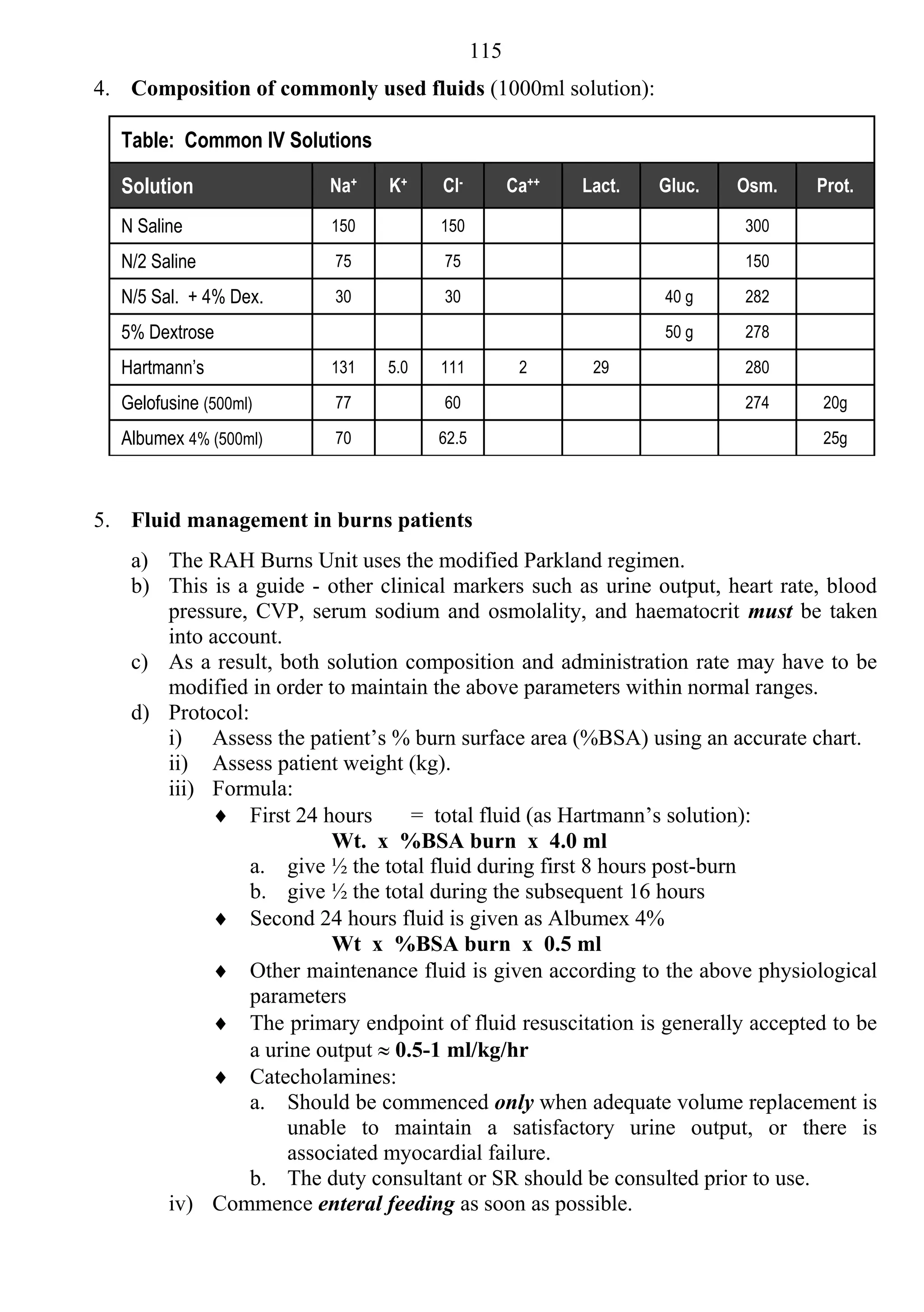 115
4. Composition of commonly used fluids (1000ml solution):

  Table: Common IV Solutions

  Solution               Na+   K+    Cl-          Ca++   Lact.   Gluc.   Osm.   Prot.

  N Saline               150         150                                 300

  N/2 Saline             75          75                                  150

  N/5 Sal. + 4% Dex.     30          30                          40 g    282

  5% Dextrose                                                    50 g    278

  Hartmann’s             131   5.0   111           2      29             280

  Gelofusine (500ml)     77          60                                  274    20g

  Albumex 4% (500ml)     70          62.5                                       25g



5. Fluid management in burns patients
   a) The RAH Burns Unit uses the modified Parkland regimen.
   b) This is a guide - other clinical markers such as urine output, heart rate, blood
      pressure, CVP, serum sodium and osmolality, and haematocrit must be taken
      into account.
   c) As a result, both solution composition and administration rate may have to be
      modified in order to maintain the above parameters within normal ranges.
   d) Protocol:
      i) Assess the patient’s % burn surface area (%BSA) using an accurate chart.
      ii) Assess patient weight (kg).
      iii) Formula:
            First 24 hours        = total fluid (as Hartmann’s solution):
                          Wt. x %BSA burn x 4.0 ml
                a. give ½ the total fluid during first 8 hours post-burn
                b. give ½ the total during the subsequent 16 hours
            Second 24 hours fluid is given as Albumex 4%
                          Wt x %BSA burn x 0.5 ml
            Other maintenance fluid is given according to the above physiological
                parameters
            The primary endpoint of fluid resuscitation is generally accepted to be
                a urine output  0.5-1 ml/kg/hr
            Catecholamines:
                a. Should be commenced only when adequate volume replacement is
                     unable to maintain a satisfactory urine output, or there is
                     associated myocardial failure.
                b. The duty consultant or SR should be consulted prior to use.
      iv) Commence enteral feeding as soon as possible.
 