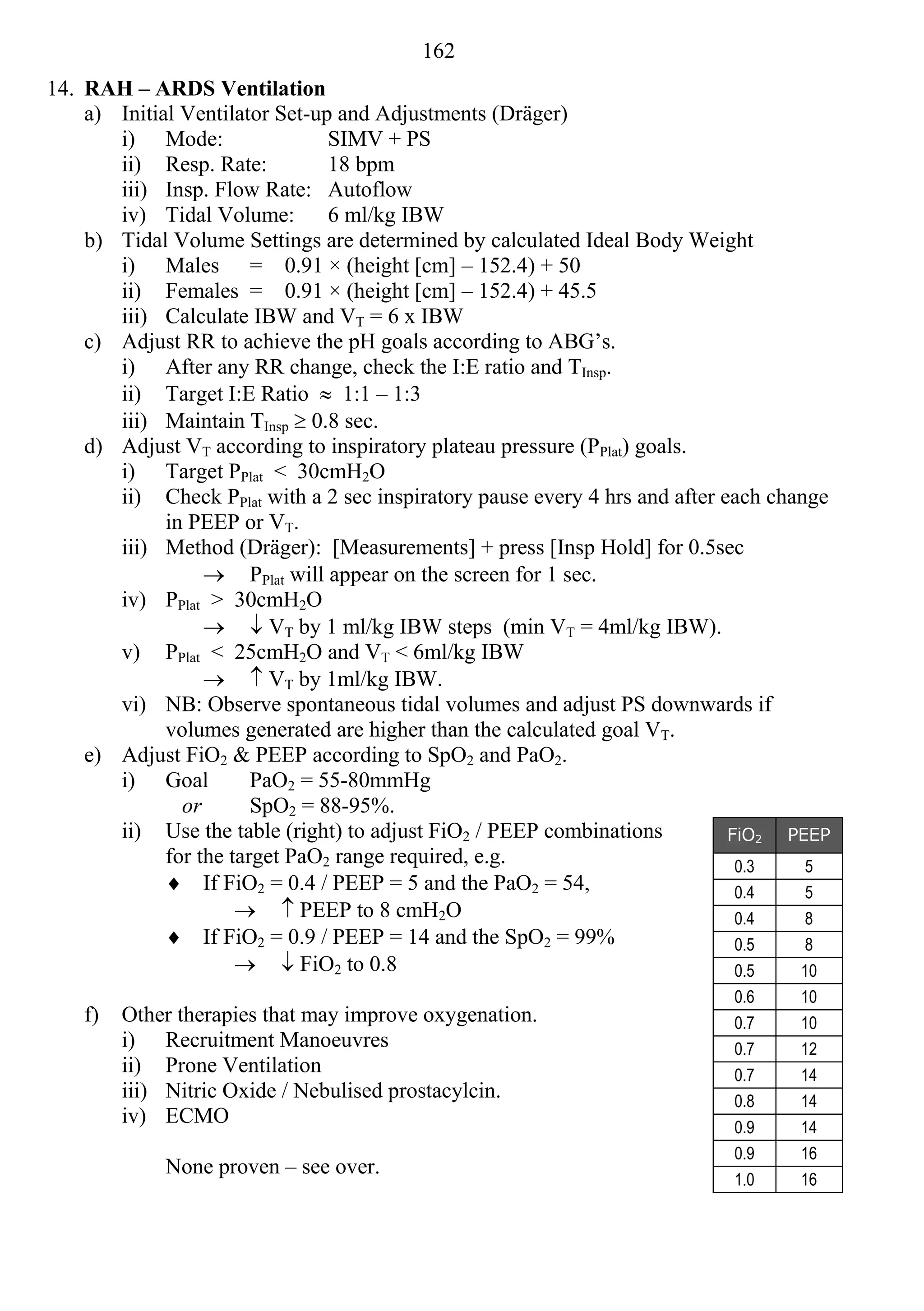 162
14. RAH – ARDS Ventilation
    a) Initial Ventilator Set-up and Adjustments (Dräger)
       i) Mode:                 SIMV + PS
       ii) Resp. Rate:          18 bpm
       iii) Insp. Flow Rate: Autoflow
       iv) Tidal Volume:        6 ml/kg IBW
    b) Tidal Volume Settings are determined by calculated Ideal Body Weight
       i) Males = 0.91 × (height [cm] – 152.4) + 50
       ii) Females = 0.91 × (height [cm] – 152.4) + 45.5
       iii) Calculate IBW and VT = 6 x IBW
    c) Adjust RR to achieve the pH goals according to ABG’s.
       i) After any RR change, check the I:E ratio and TInsp.
       ii) Target I:E Ratio  1:1 – 1:3
       iii) Maintain TInsp  0.8 sec.
    d) Adjust VT according to inspiratory plateau pressure (PPlat) goals.
       i) Target PPlat < 30cmH2O
       ii) Check PPlat with a 2 sec inspiratory pause every 4 hrs and after each change
             in PEEP or VT.
       iii) Method (Dräger): [Measurements] + press [Insp Hold] for 0.5sec
                   PPlat will appear on the screen for 1 sec.
       iv) PPlat > 30cmH2O
                    VT by 1 ml/kg IBW steps (min VT = 4ml/kg IBW).
       v) PPlat < 25cmH2O and VT < 6ml/kg IBW
                    VT by 1ml/kg IBW.
       vi) NB: Observe spontaneous tidal volumes and adjust PS downwards if
             volumes generated are higher than the calculated goal VT.
    e) Adjust FiO2 & PEEP according to SpO2 and PaO2.
       i) Goal          PaO2 = 55-80mmHg
               or       SpO2 = 88-95%.
       ii) Use the table (right) to adjust FiO2 / PEEP combinations          FiO2 PEEP
             for the target PaO2 range required, e.g.                         0.3    5
              If FiO2 = 0.4 / PEEP = 5 and the PaO2 = 54,                    0.4    5
                        PEEP to 8 cmH2O                                     0.4    8
              If FiO2 = 0.9 / PEEP = 14 and the SpO2 = 99%                   0.5    8
                        FiO2 to 0.8                                         0.5   10
                                                                            0.6    10
    f)   Other therapies that may improve oxygenation.                      0.7    10
         i) Recruitment Manoeuvres                                          0.7    12
         ii) Prone Ventilation                                              0.7    14
         iii) Nitric Oxide / Nebulised prostacylcin.                        0.8    14
         iv) ECMO                                                           0.9    14
                                                                            0.9    16
             None proven – see over.
                                                                            1.0    16
 