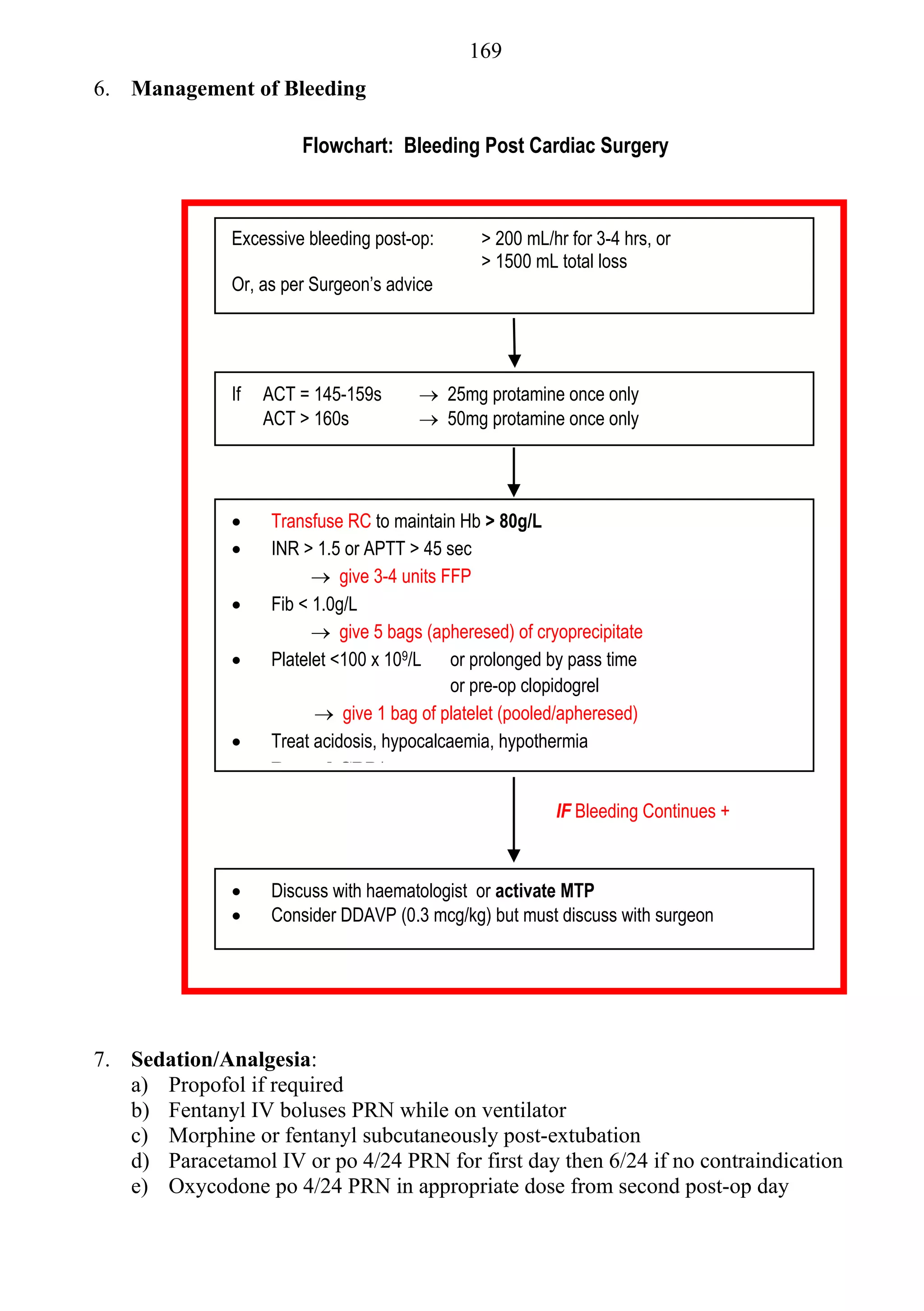169
6. Management of Bleeding

                        Flowchart: Bleeding Post Cardiac Surgery



               Excessive bleeding post-op:      > 200 mL/hr for 3-4 hrs, or
                                                > 1500 mL total loss
               Or, as per Surgeon’s advice




               If   ACT = 145-159s       25mg protamine once only
                    ACT > 160s           50mg protamine once only




                   Transfuse RC to maintain Hb > 80g/L
                   INR > 1.5 or APTT > 45 sec
                           give 3-4 units FFP
                   Fib < 1.0g/L
                           give 5 bags (apheresed) of cryoprecipitate
                   Platelet <100 x 109/L or prolonged by pass time
                                             or pre-op clopidogrel
                           give 1 bag of platelet (pooled/apheresed)
                   Treat acidosis, hypocalcaemia, hypothermia
                   Resend CBP/coag screen

                                                          IF Bleeding Continues +



                   Discuss with haematologist or activate MTP
                   Consider DDAVP (0.3 mcg/kg) but must discuss with surgeon




7. Sedation/Analgesia:
   a) Propofol if required
   b) Fentanyl IV boluses PRN while on ventilator
   c) Morphine or fentanyl subcutaneously post-extubation
   d) Paracetamol IV or po 4/24 PRN for first day then 6/24 if no contraindication
   e) Oxycodone po 4/24 PRN in appropriate dose from second post-op day
 