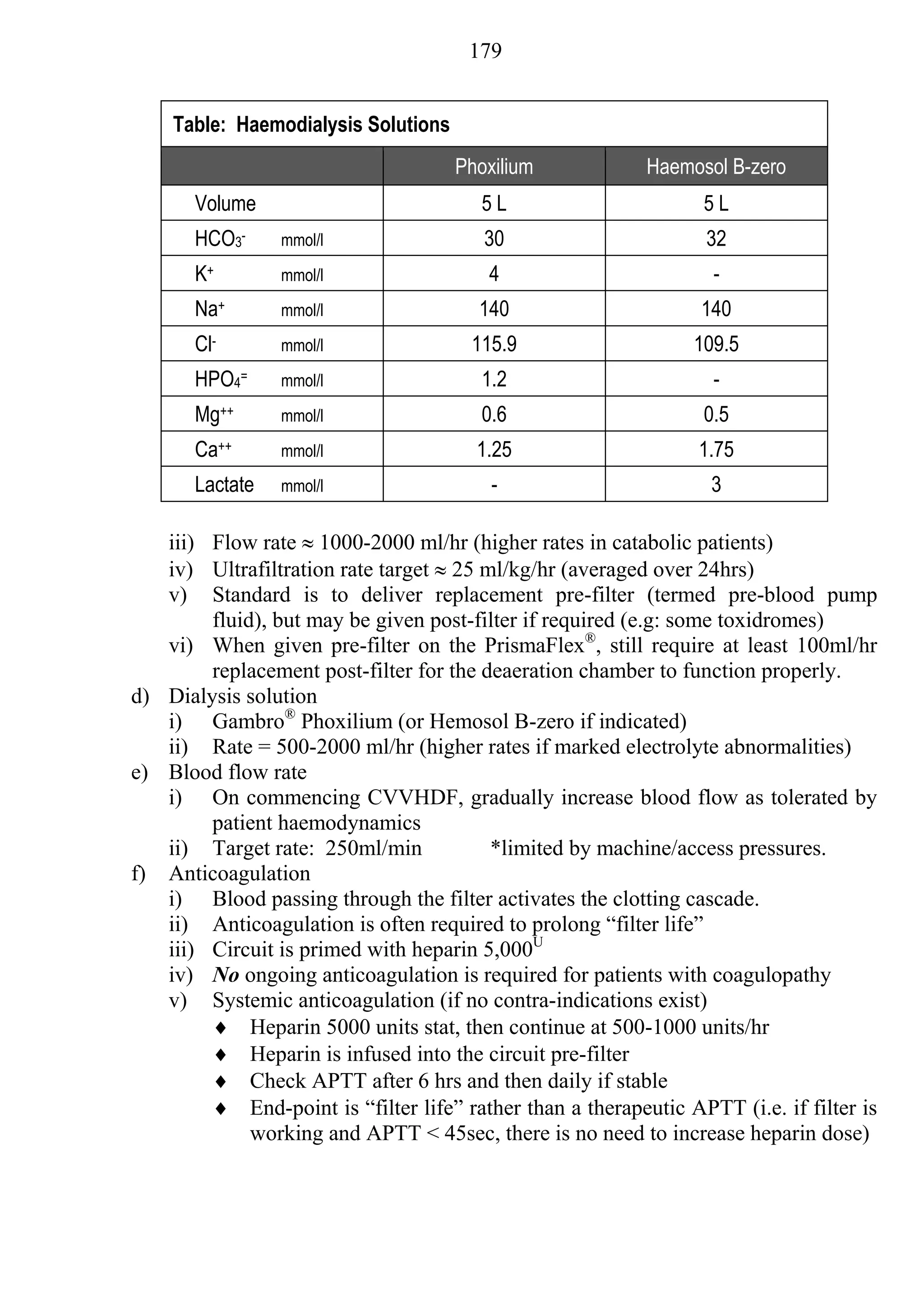 179


    Table: Haemodialysis Solutions
                                     Phoxilium             Haemosol B-zero
       Volume                           5L                        5L
       HCO3-     mmol/l                 30                        32
       K+        mmol/l                  4                         -
       Na+       mmol/l                 140                      140
       Cl-       mmol/l                115.9                    109.5
       HPO4=     mmol/l                 1.2                        -
       Mg++      mmol/l                 0.6                       0.5
       Ca++      mmol/l                1.25                      1.75
       Lactate   mmol/l                  -                        3

   iii) Flow rate  1000-2000 ml/hr (higher rates in catabolic patients)
   iv) Ultrafiltration rate target  25 ml/kg/hr (averaged over 24hrs)
   v) Standard is to deliver replacement pre-filter (termed pre-blood pump
        fluid), but may be given post-filter if required (e.g: some toxidromes)
   vi) When given pre-filter on the PrismaFlex®, still require at least 100ml/hr
        replacement post-filter for the deaeration chamber to function properly.
d) Dialysis solution
   i) Gambro® Phoxilium (or Hemosol B-zero if indicated)
   ii) Rate = 500-2000 ml/hr (higher rates if marked electrolyte abnormalities)
e) Blood flow rate
   i) On commencing CVVHDF, gradually increase blood flow as tolerated by
        patient haemodynamics
   ii) Target rate: 250ml/min            *limited by machine/access pressures.
f) Anticoagulation
   i) Blood passing through the filter activates the clotting cascade.
   ii) Anticoagulation is often required to prolong “filter life”
   iii) Circuit is primed with heparin 5,000U
   iv) No ongoing anticoagulation is required for patients with coagulopathy
   v) Systemic anticoagulation (if no contra-indications exist)
         Heparin 5000 units stat, then continue at 500-1000 units/hr
         Heparin is infused into the circuit pre-filter
         Check APTT after 6 hrs and then daily if stable
         End-point is “filter life” rather than a therapeutic APTT (i.e. if filter is
             working and APTT < 45sec, there is no need to increase heparin dose)
 