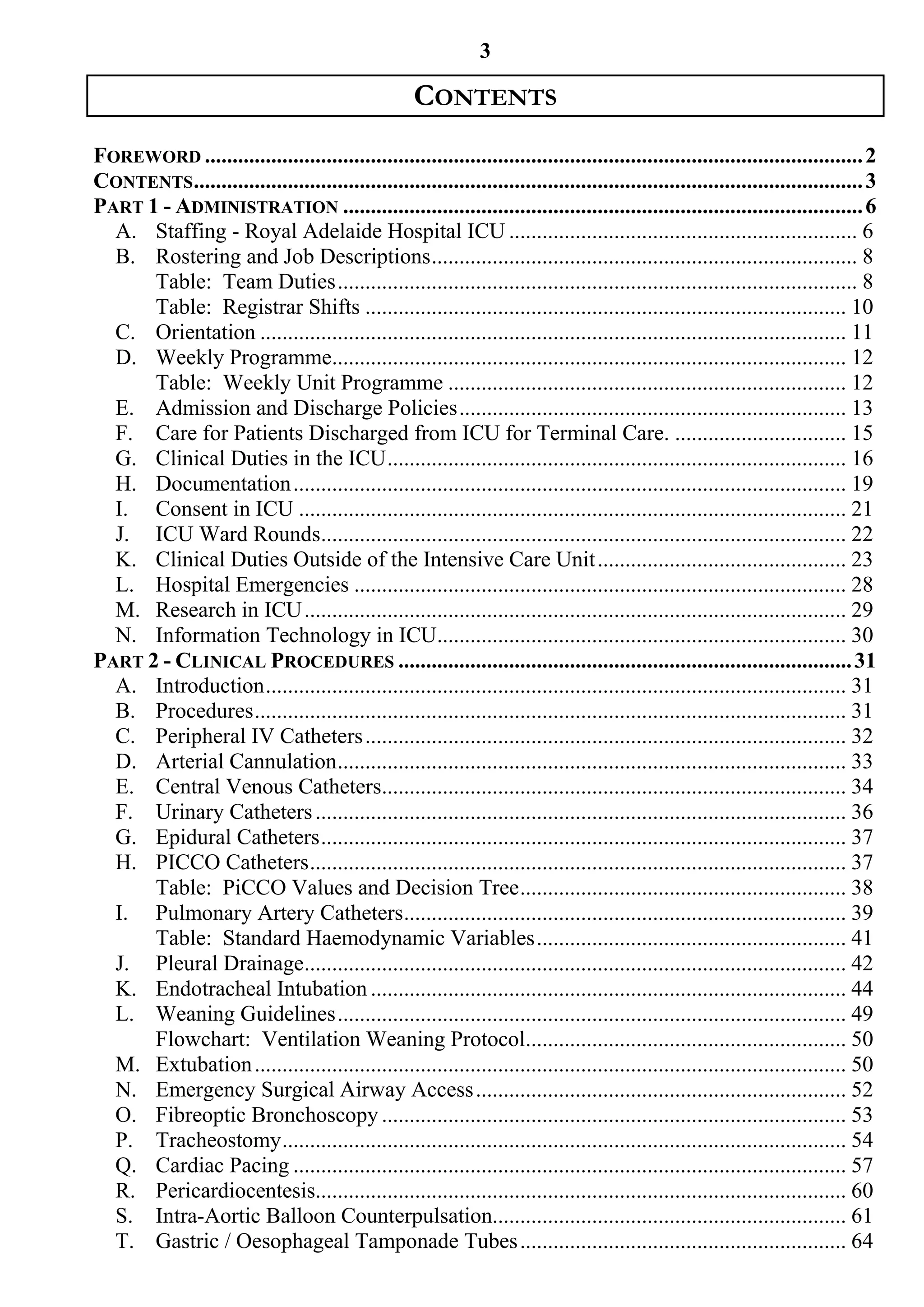 3

                                                     CONTENTS
FOREWORD ....................................................................................................................... 2
CONTENTS......................................................................................................................... 3
PART 1 - ADMINISTRATION .............................................................................................. 6
  A. Staffing - Royal Adelaide Hospital ICU ............................................................... 6
  B. Rostering and Job Descriptions ............................................................................. 8
      Table: Team Duties .............................................................................................. 8
      Table: Registrar Shifts ....................................................................................... 10
  C. Orientation .......................................................................................................... 11
  D. Weekly Programme............................................................................................. 12
      Table: Weekly Unit Programme ........................................................................ 12
  E. Admission and Discharge Policies ...................................................................... 13
  F. Care for Patients Discharged from ICU for Terminal Care. ............................... 15
  G. Clinical Duties in the ICU ................................................................................... 16
  H. Documentation .................................................................................................... 19
  I. Consent in ICU ................................................................................................... 21
  J. ICU Ward Rounds............................................................................................... 22
  K. Clinical Duties Outside of the Intensive Care Unit ............................................. 23
  L. Hospital Emergencies ......................................................................................... 28
  M. Research in ICU .................................................................................................. 29
  N. Information Technology in ICU.......................................................................... 30
PART 2 - CLINICAL PROCEDURES .................................................................................. 31
  A. Introduction ......................................................................................................... 31
  B. Procedures ........................................................................................................... 31
  C. Peripheral IV Catheters ....................................................................................... 32
  D. Arterial Cannulation ............................................................................................ 33
  E. Central Venous Catheters.................................................................................... 34
  F. Urinary Catheters ................................................................................................ 36
  G. Epidural Catheters ............................................................................................... 37
  H. PICCO Catheters ................................................................................................. 37
      Table: PiCCO Values and Decision Tree ........................................................... 38
  I. Pulmonary Artery Catheters ................................................................................ 39
      Table: Standard Haemodynamic Variables ........................................................ 41
  J. Pleural Drainage.................................................................................................. 42
  K. Endotracheal Intubation ...................................................................................... 44
  L. Weaning Guidelines ............................................................................................ 49
      Flowchart: Ventilation Weaning Protocol.......................................................... 50
  M. Extubation ........................................................................................................... 50
  N. Emergency Surgical Airway Access ................................................................... 52
  O. Fibreoptic Bronchoscopy .................................................................................... 53
  P. Tracheostomy ...................................................................................................... 54
  Q. Cardiac Pacing .................................................................................................... 57
  R. Pericardiocentesis................................................................................................ 60
  S. Intra-Aortic Balloon Counterpulsation................................................................ 61
  T. Gastric / Oesophageal Tamponade Tubes ........................................................... 64
 