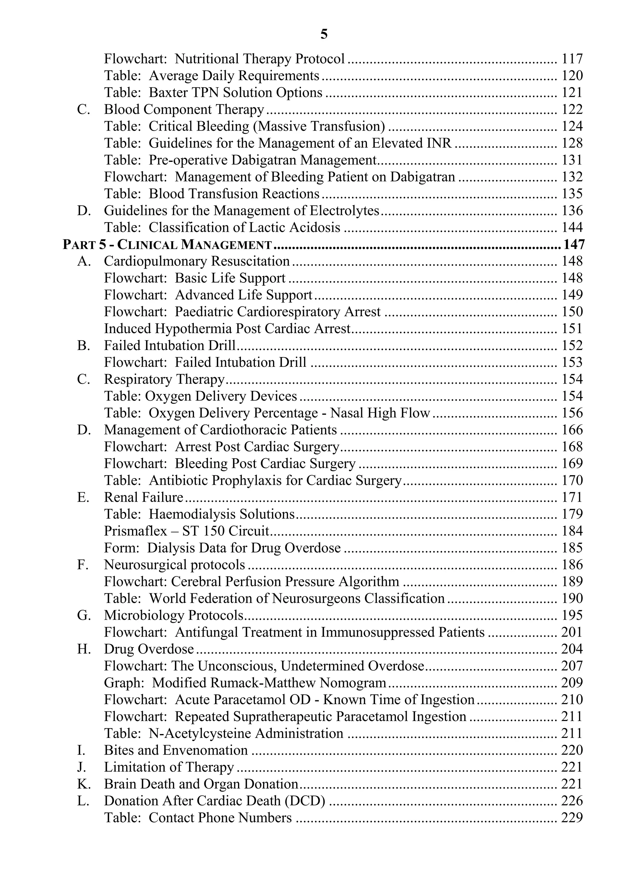 5
      Flowchart: Nutritional Therapy Protocol ......................................................... 117
      Table: Average Daily Requirements ................................................................ 120
      Table: Baxter TPN Solution Options ............................................................... 121
  C. Blood Component Therapy ............................................................................... 122
      Table: Critical Bleeding (Massive Transfusion) .............................................. 124
      Table: Guidelines for the Management of an Elevated INR ............................ 128
      Table: Pre-operative Dabigatran Management................................................. 131
      Flowchart: Management of Bleeding Patient on Dabigatran ........................... 132
      Table: Blood Transfusion Reactions ................................................................ 135
  D. Guidelines for the Management of Electrolytes ................................................ 136
      Table: Classification of Lactic Acidosis .......................................................... 144
PART 5 - CLINICAL MANAGEMENT .............................................................................. 147
  A. Cardiopulmonary Resuscitation ........................................................................ 148
      Flowchart: Basic Life Support ......................................................................... 148
      Flowchart: Advanced Life Support .................................................................. 149
      Flowchart: Paediatric Cardiorespiratory Arrest ............................................... 150
      Induced Hypothermia Post Cardiac Arrest........................................................ 151
  B. Failed Intubation Drill ....................................................................................... 152
      Flowchart: Failed Intubation Drill ................................................................... 153
  C. Respiratory Therapy .......................................................................................... 154
      Table: Oxygen Delivery Devices ...................................................................... 154
      Table: Oxygen Delivery Percentage - Nasal High Flow .................................. 156
  D. Management of Cardiothoracic Patients ........................................................... 166
      Flowchart: Arrest Post Cardiac Surgery........................................................... 168
      Flowchart: Bleeding Post Cardiac Surgery ...................................................... 169
      Table: Antibiotic Prophylaxis for Cardiac Surgery .......................................... 170
  E. Renal Failure ..................................................................................................... 171
      Table: Haemodialysis Solutions ....................................................................... 179
      Prismaflex – ST 150 Circuit .............................................................................. 184
      Form: Dialysis Data for Drug Overdose .......................................................... 185
  F. Neurosurgical protocols .................................................................................... 186
      Flowchart: Cerebral Perfusion Pressure Algorithm .......................................... 189
      Table: World Federation of Neurosurgeons Classification .............................. 190
  G. Microbiology Protocols..................................................................................... 195
      Flowchart: Antifungal Treatment in Immunosuppressed Patients ................... 201
  H. Drug Overdose .................................................................................................. 204
      Flowchart: The Unconscious, Undetermined Overdose .................................... 207
      Graph: Modified Rumack-Matthew Nomogram .............................................. 209
      Flowchart: Acute Paracetamol OD - Known Time of Ingestion ...................... 210
      Flowchart: Repeated Supratherapeutic Paracetamol Ingestion ........................ 211
      Table: N-Acetylcysteine Administration ......................................................... 211
  I. Bites and Envenomation ................................................................................... 220
  J. Limitation of Therapy ....................................................................................... 221
  K. Brain Death and Organ Donation ...................................................................... 221
  L. Donation After Cardiac Death (DCD) .............................................................. 226
      Table: Contact Phone Numbers ....................................................................... 229
 