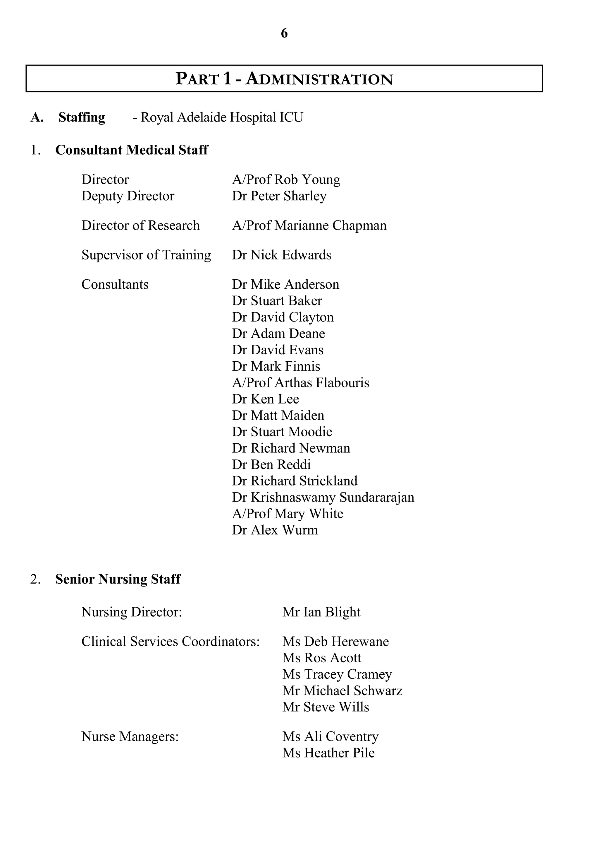 6


                           PART 1 - ADMINISTRATION
A.   Staffing    - Royal Adelaide Hospital ICU

1.   Consultant Medical Staff

         Director                  A/Prof Rob Young
         Deputy Director           Dr Peter Sharley

         Director of Research      A/Prof Marianne Chapman

         Supervisor of Training    Dr Nick Edwards

         Consultants               Dr Mike Anderson
                                   Dr Stuart Baker
                                   Dr David Clayton
                                   Dr Adam Deane
                                   Dr David Evans
                                   Dr Mark Finnis
                                   A/Prof Arthas Flabouris
                                   Dr Ken Lee
                                   Dr Matt Maiden
                                   Dr Stuart Moodie
                                   Dr Richard Newman
                                   Dr Ben Reddi
                                   Dr Richard Strickland
                                   Dr Krishnaswamy Sundararajan
                                   A/Prof Mary White
                                   Dr Alex Wurm


2.   Senior Nursing Staff

         Nursing Director:                 Mr Ian Blight

         Clinical Services Coordinators:   Ms Deb Herewane
                                           Ms Ros Acott
                                           Ms Tracey Cramey
                                           Mr Michael Schwarz
                                           Mr Steve Wills

         Nurse Managers:                   Ms Ali Coventry
                                           Ms Heather Pile
 