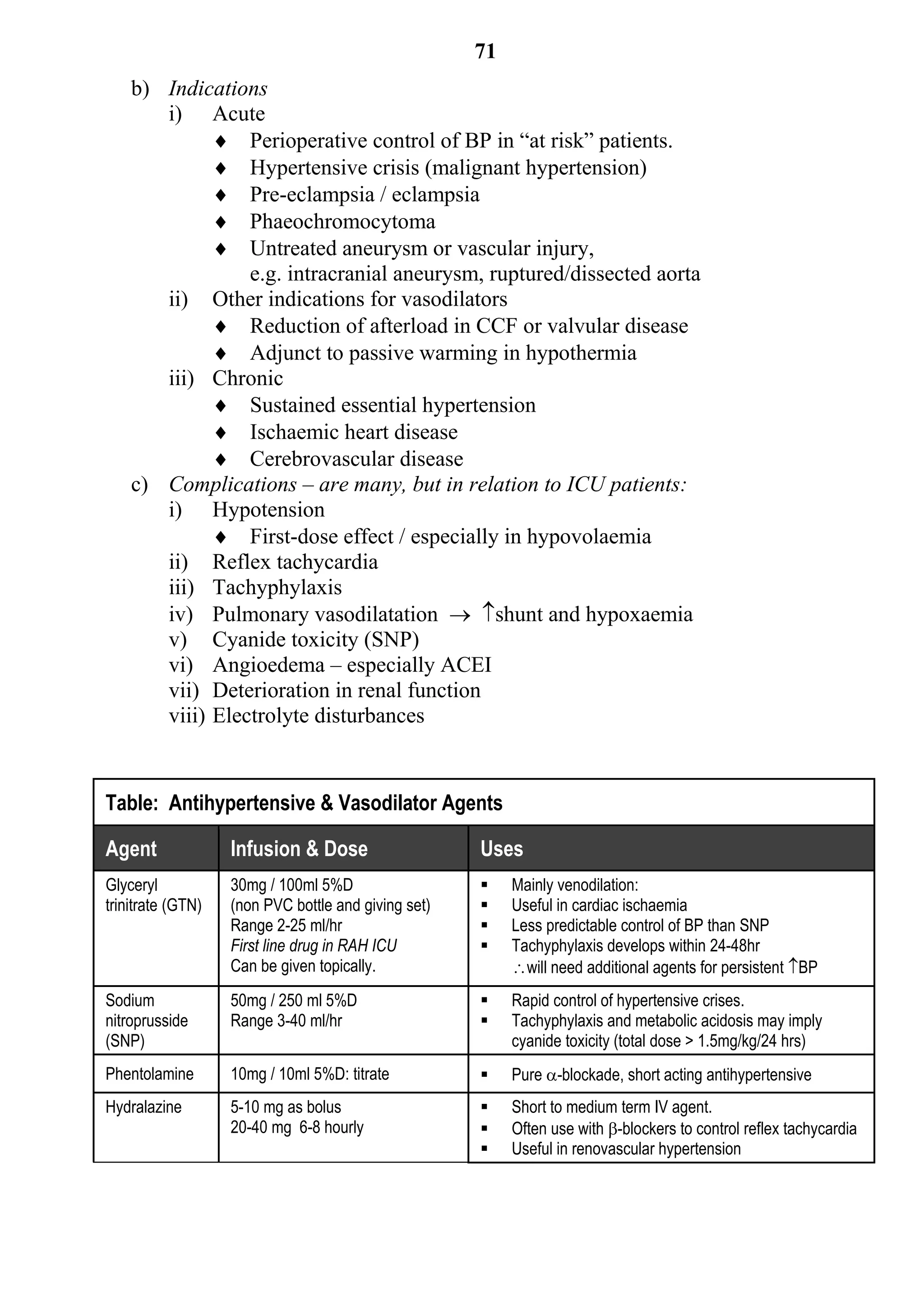 71
    b) Indications
       i) Acute
              Perioperative control of BP in “at risk” patients.
              Hypertensive crisis (malignant hypertension)
              Pre-eclampsia / eclampsia
              Phaeochromocytoma
              Untreated aneurysm or vascular injury,
                 e.g. intracranial aneurysm, ruptured/dissected aorta
       ii) Other indications for vasodilators
              Reduction of afterload in CCF or valvular disease
              Adjunct to passive warming in hypothermia
       iii) Chronic
              Sustained essential hypertension
              Ischaemic heart disease
              Cerebrovascular disease
    c) Complications – are many, but in relation to ICU patients:
       i) Hypotension
              First-dose effect / especially in hypovolaemia
       ii) Reflex tachycardia
       iii) Tachyphylaxis
       iv) Pulmonary vasodilatation  shunt and hypoxaemia
       v) Cyanide toxicity (SNP)
       vi) Angioedema – especially ACEI
       vii) Deterioration in renal function
       viii) Electrolyte disturbances


Table: Antihypertensive & Vasodilator Agents

Agent              Infusion & Dose                   Uses
Glyceryl           30mg / 100ml 5%D                      Mainly venodilation:
trinitrate (GTN)   (non PVC bottle and giving set)       Useful in cardiac ischaemia
                   Range 2-25 ml/hr                      Less predictable control of BP than SNP
                   First line drug in RAH ICU            Tachyphylaxis develops within 24-48hr
                   Can be given topically.                will need additional agents for persistent BP
Sodium             50mg / 250 ml 5%D                     Rapid control of hypertensive crises.
nitroprusside      Range 3-40 ml/hr                      Tachyphylaxis and metabolic acidosis may imply
(SNP)                                                     cyanide toxicity (total dose > 1.5mg/kg/24 hrs)
Phentolamine       10mg / 10ml 5%D: titrate              Pure -blockade, short acting antihypertensive
Hydralazine        5-10 mg as bolus                      Short to medium term IV agent.
                   20-40 mg 6-8 hourly                   Often use with -blockers to control reflex tachycardia
                                                         Useful in renovascular hypertension
 