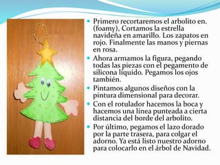  Primero recortaremos el arbolito en. 
(foamy), Cortamos la estrella 
navideña en amarillo. Los zapatos en 
rojo. Finalmente las manos y piernas 
en rosa. 
 Ahora armamos la figura, pegando 
todas las piezas con el pegamento de 
silicona líquido. Pegamos los ojos 
también. 
 Pintamos algunos diseños con la 
pintura dimensional para decorar. 
 Con el rotulador hacemos la boca y 
hacemos una línea punteada a cierta 
distancia del borde del arbolito. 
 Por último, pegamos el lazo dorado 
por la parte trasera, para colgar el 
adorno. Ya está listo nuestro adorno 
para colocarlo en el árbol de Navidad. 
 