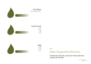 Tinta Plana
PANTONE 5757 c




Cuatricromía
          C 35
          M 16
          Y 82
          K 52




         RGB
          R 89
          G 99   3.1
          B 53
                 Color Corporativo Primario
                 Conformación del color corporativo. Para las diferentes
                 opciones de impresión.
                                                                    Página 11
 