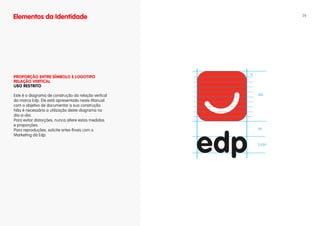 Elementos da Identidade                                       14




PROPORÇÃO ENTRE SíMBOLO E LOgOTIPO
RELAÇÃO vERTICAL
uSO RESTRITO

Este é o diagrama de construção da relação vertical   10x
da marca Edp. Ele está apresentado neste Manual
com o objetivo de documentar a sua construção.
Não é necessária a utilização deste diagrama no
dia-a-dia.
Para evitar distorções, nunca altere estas medidas
e proporções.
Para reproduções, solicite artes-finais com o         3x
Marketing da Edp.

                                                      3.25x
 