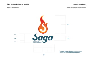 1,0 X
SCHOOL OF ART,
GAME AND ANIMATION
1,0 X
4,0 X
4,5 X
SAGA - School of Art Game and Animation
Manual de Identidade Visual Relação marca X logotipo - Versão preferencial
CONSTRUÇÃO DA MARCA
0,5 X
0,5 X
As alturas, larguras e distâncias entre os elementos
da marca são sempre proporcionais ao módulo X.
 