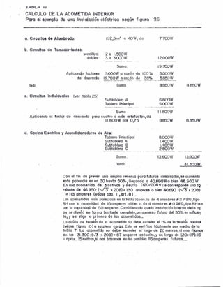 IHOL.I- Il
CALCULO DE:l.A ACOMETIDA, INTERIOR
Pnru el e}~~mplod$ una lnmtalacichl ah~ctdlQa set}l.JfI1 figllfQ 2G
o. Circuitos do Alumbrado: 192)5 In? 1) 40W} do "7.700W
b. Circuitos de Tomccorrlentes:
sencillos: 2 a 1.500W
dobles' 3 e 3.000W 12.o00W
Apllcondo fuctores
de demanda
Sumo:
3.000Wa rozón da !Ooo/ó
16.700W a razón de 36%
19.700W
3.000W
5,850W
a+.b Sumu 8.850W H.850W
c. Clrculto!S individuales (ver labio 2~))
Sub1oblero A
Tablero Principal
6.800W
5.000W
Sumo
Aplicando el foctor de demundo poro cuatro o más artefactos} da
11.800W por Ol5
II.OOOW
8. B50 W B.850W
d. Cocina EtóGtrlca y Acond¡~lonad()res de Aire:
Tablero Prlncipul
Subtablero A
Subtablero B
SubtClblero e
8.000W
I.400W
1.400W
2.800W
Sumo: !3.600W 13.600W
~H2L3~1LTotal:
Con el fin de prever una amplia rQSEW'¡(J poro. fu1uros desml'o!los,s8 cumento
esta potencia en un,30 hasta 50%,lIegando a 40.f390Wó bIGn46.950W.
En uno acometida de :3cctivos y neutro (120/20~V) la corresponde uno cQ
rrlente de 46.950: {-V3' )t 208)::: 1:30 umperes 'o bien 40.600 (V3" x 208)
::= 113 ampares (véase cap. 11,orr. 8)._
Las acometidas mós parecidas en lo tobío 16son: la de 4 111ambres,#'2 AWG,tipo
RH con la capacidad de 115ornperos Q bien lo de '-1alambres #,-0 AWG,iípo RHcon
con lo capocidod de 150amperes,Con3iderando que te ins111lacic5ninterna dele cg
so se diseñd en forma bostunte complete.un cemento fu1uro del 30'},~es suficiat'l
te, y se elige la primera de las ocometldcs.;
Lo caído de tensió'n do la ('reiometidc no deba exceder el 1% de la tensi6n nornim
(véase figura lO) a su plena carga. Esto se verifica fácilmente por medio delo
toblo 7, La ocornetído no debe exceder ellurqo de 20 metros) si noafljcrnoe
en los 31.300: (-.13 )1. 2(8)= 87 ampares cctuoles.y un 10l'go de (20):.a-r):1I5
:= nprox. 15motros)si nos bos(J~os en tos posibles 1150mpér8~5 futuros .._
 