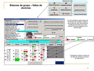 Botones de grupo – faltas de alumnos En esta pantalla se podrá obtener la información de las faltas y retrasos de los alumnos, pero sólo podrá ser modificados los datos por el tutor durante el periodo asignado por el administrador. Visualización rápida e intuitiva de las faltas de asistencia mensual de cada alumno. 