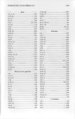 ÍNDICE DE CITAS BÍBLICAS                                                                                           199

                         Juan                                17:24-28...........................................158
1:1-3,14.......................................... 157       17:26,27........................................... 161
1:35-40.............................................. 50     18:25.................................................. 50
2:1-11..............................................164      19.......................................................50
3:3-8................................................159     19:1-7............................................... 49
3:16..........................................157,159        20:17,28-31 ...................................... 69
4:4-42 ............................................... 22    20:17-28............................................30
4:23..................................................112    20:28............................................22,23
5:22..................................................157    22:16................................................ 161
5:28,29 ............................................165                             Romanos
6:48-63.............................................161     1:4.....................................................159
8:2-11..............................................151     1:6,7..................................................22
10:16.................................................22    1:19-32..............................................158
10:30................................................157    1:20-32..............................................145
11:11-14...........................................165      1:24-27..............................................152
13:1-17.............................................161     3:21-26............................................. 159
13:10................................................119    3:25...................................................159
14:1-3 ..............................................165    4:25...................................................159
14:9..................................................157   5:6-10.............................................. 159
14:13................................................157    5:12-17............................................. 158
14:16-18,26.................................... 157         5:12-21............................................. 158
15:7-10.............................................162     6:1-6.................................................161
15:26,27.......................................... 157      6:3,4.................................................. 44
16:7-13.............................................157     6:23.......................................... 157,165
16:8..................................................159   7:2.....................................................149
17:17................................................156    8:1-4.................................................159
17:20-23...........................................161      8:3,4........................................ 159,162
20:21 ................................................160   8:14-17..............................................159
            Hechos de los apóstoles                         8:19-22..............................................158
1:8.................................................... 157 8:38,39............................................ 160
1:9-11..............................................165 10:17.................................................159
2:14-21.............................................162 12:1,2...............................................164
2:38..................................................161 12:2................................................... 159
2:38-41..............................................44 12:4,5.........................................26,161
6:1-7................................................162 12:4-8...............................................162
6:1-8.................................................76 12:10.................................................149
6:2..................................................... 28 12:18..................................................60
6:2-4.................................................28 13:10.................. .............................. 149
6:3..................................................... 68 14:19................................................. 149
7:38 .................................................160 15:26,27............................................163
8:14...................................................28 16:1,2................................................78
10:38................................................157                           1 Corintios
14:23................................................. 28 1:2 ..................................................... 22
15:1-32.............................................114 4:2..................................................... 130
15:41.................................................22 4:9..................................................... 158
16:30-33...........................................161 5:11................................................... 122
 