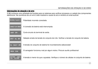 INFORMAÇÕES DE ATENÇÃO E DE ERRO

Informações de atenção e de erro
O B6 incorpora uma variedade de funções para os sistemas para verificar processos e o estado dos componentes
eletrônicos. Na ocorrência de um erro a tela mostrará a causa do erro e emitirá um sinal audível.
Polaridade incorreta conectada.

A conexão da bateria está interrompida.
Curto-circuito do terminal de saída.
Seleção errada da tensão do conjunto de Lítio. Verificar a tensão do conjunto de bateria.

A tensão do conjunto de bateria foi incorretamente selecionada!
O carregador funcionou mal por algum motivo. Procure auxílio profissional

A tensão é menor do que a ajustada. Verifique o número de células no conjunto de bateria.
28

 