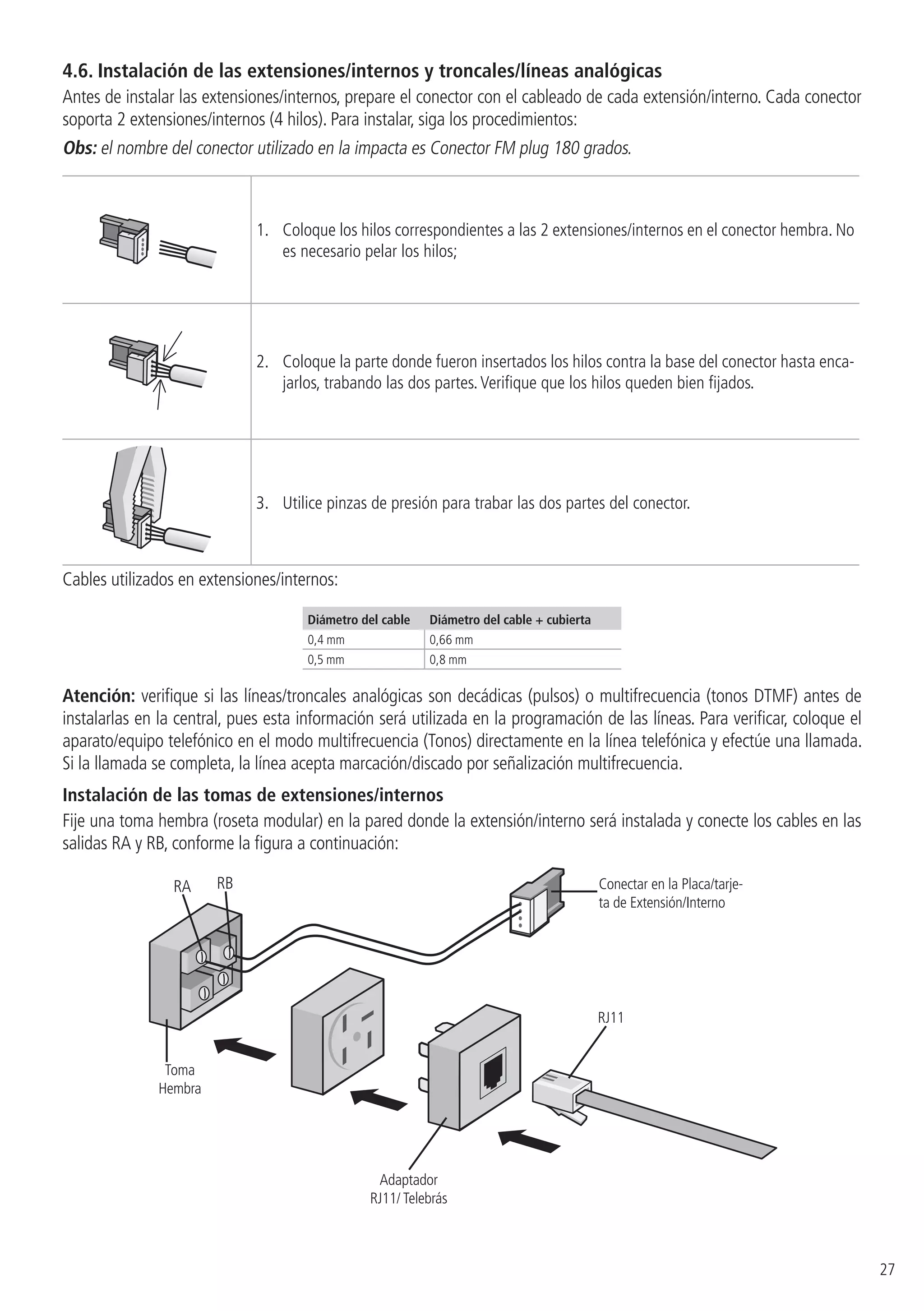 27
4.6.  Instalación de las extensiones/internos y troncales/líneas analógicas
Antes de instalar las extensiones/internos, prepare el conector con el cableado de cada extensión/interno. Cada conector
soporta 2 extensiones/internos (4 hilos). Para instalar, siga los procedimientos:
Obs: el nombre del conector utilizado en la impacta es Conector FM plug 180 grados.
1.	 Coloque los hilos correspondientes a las 2 extensiones/internos en el conector hembra. No
es necesario pelar los hilos;
2.	 Coloque la parte donde fueron insertados los hilos contra la base del conector hasta enca-
jarlos, trabando las dos partes.Verifique que los hilos queden bien fijados.
3.	 Utilice pinzas de presión para trabar las dos partes del conector.
Cables utilizados en extensiones/internos:
Diámetro del cable Diámetro del cable + cubierta
0,4 mm 0,66 mm
0,5 mm 0,8 mm
Atención: verifique si las líneas/troncales analógicas son decádicas (pulsos) o multifrecuencia (tonos DTMF) antes de
instalarlas en la central, pues esta información será utilizada en la programación de las líneas. Para verificar, coloque el
aparato/equipo telefónico en el modo multifrecuencia (Tonos) directamente en la línea telefónica y efectúe una llamada.
Si la llamada se completa, la línea acepta marcación/discado por señalización multifrecuencia.
Instalación de las tomas de extensiones/internos
Fije una toma hembra (roseta modular) en la pared donde la extensión/interno será instalada y conecte los cables en las
salidas RA y RB, conforme la figura a continuación:
RA RB
RJ11
Adaptador
RJ11/ Telebrás
Conectar en la Placa/tarje-
ta de Extensión/Interno
Toma
Hembra
 