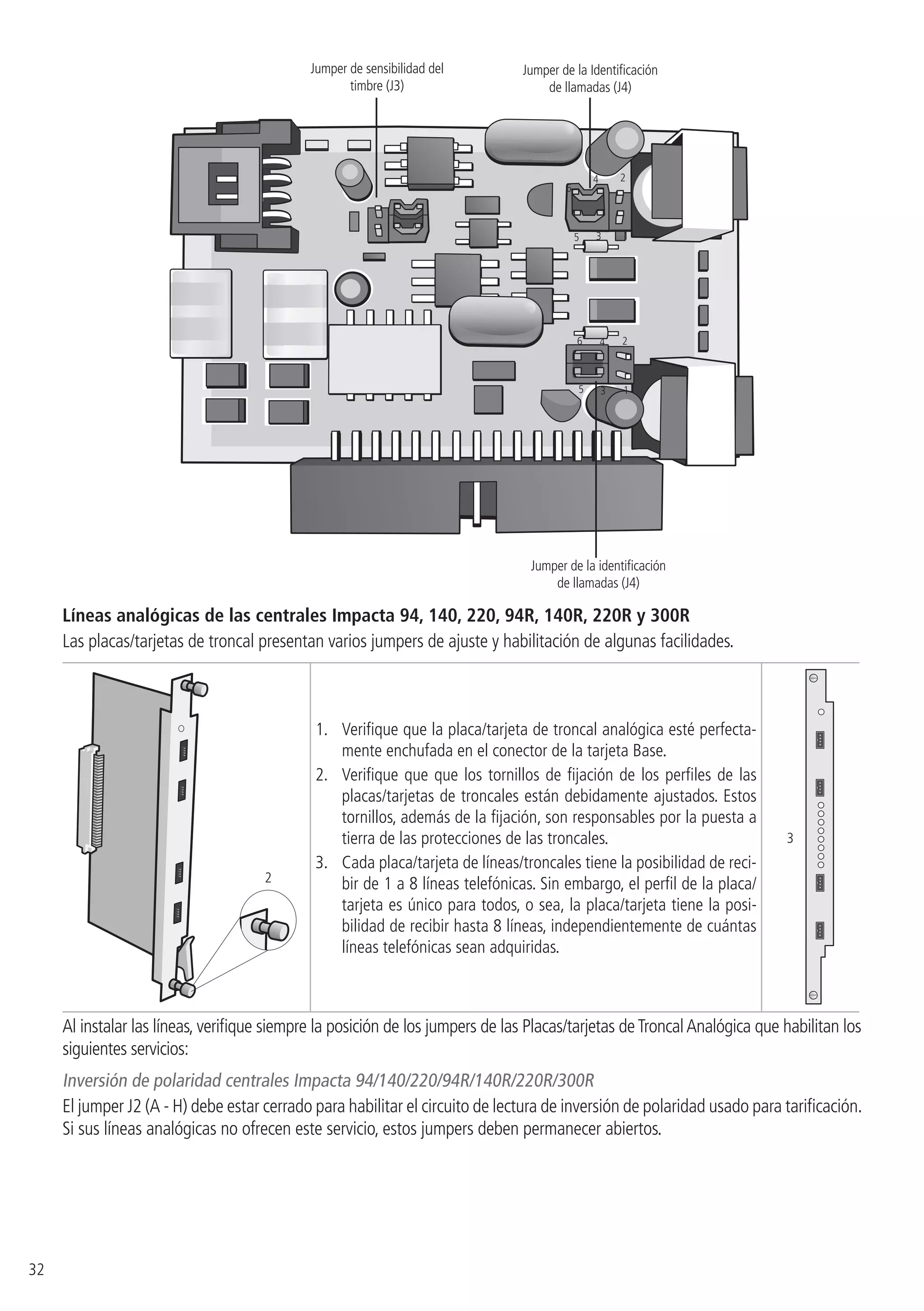 32
5
6
3
4 2
1
5
6
3
4 2
1
Jumper de sensibilidad del
timbre (J3)
Jumper de la Identificación
de llamadas (J4)
Jumper de la identificación
de llamadas (J4)
Líneas analógicas de las centrales Impacta 94, 140, 220, 94R, 140R, 220R y 300R
Las placas/tarjetas de troncal presentan varios jumpers de ajuste y habilitación de algunas facilidades.
2
1.	 Verifique que la placa/tarjeta de troncal analógica esté perfecta-
mente enchufada en el conector de la tarjeta Base.
2.	 Verifique que que los tornillos de fijación de los perfiles de las
placas/tarjetas de troncales están debidamente ajustados. Estos
tornillos, además de la fijación, son responsables por la puesta a
tierra de las protecciones de las troncales.
3.	 Cada placa/tarjeta de líneas/troncales tiene la posibilidad de reci-
bir de 1 a 8 líneas telefónicas. Sin embargo, el perfil de la placa/
tarjeta es único para todos, o sea, la placa/tarjeta tiene la posi-
bilidad de recibir hasta 8 líneas, independientemente de cuántas
líneas telefónicas sean adquiridas.
3
Al instalar las líneas, verifique siempre la posición de los jumpers de las Placas/tarjetas deTroncalAnalógica que habilitan los
siguientes servicios:
Inversión de polaridad centrales Impacta 94/140/220/94R/140R/220R/300R
El jumper J2 (A - H) debe estar cerrado para habilitar el circuito de lectura de inversión de polaridad usado para tarificación.
Si sus líneas analógicas no ofrecen este servicio, estos jumpers deben permanecer abiertos.
 