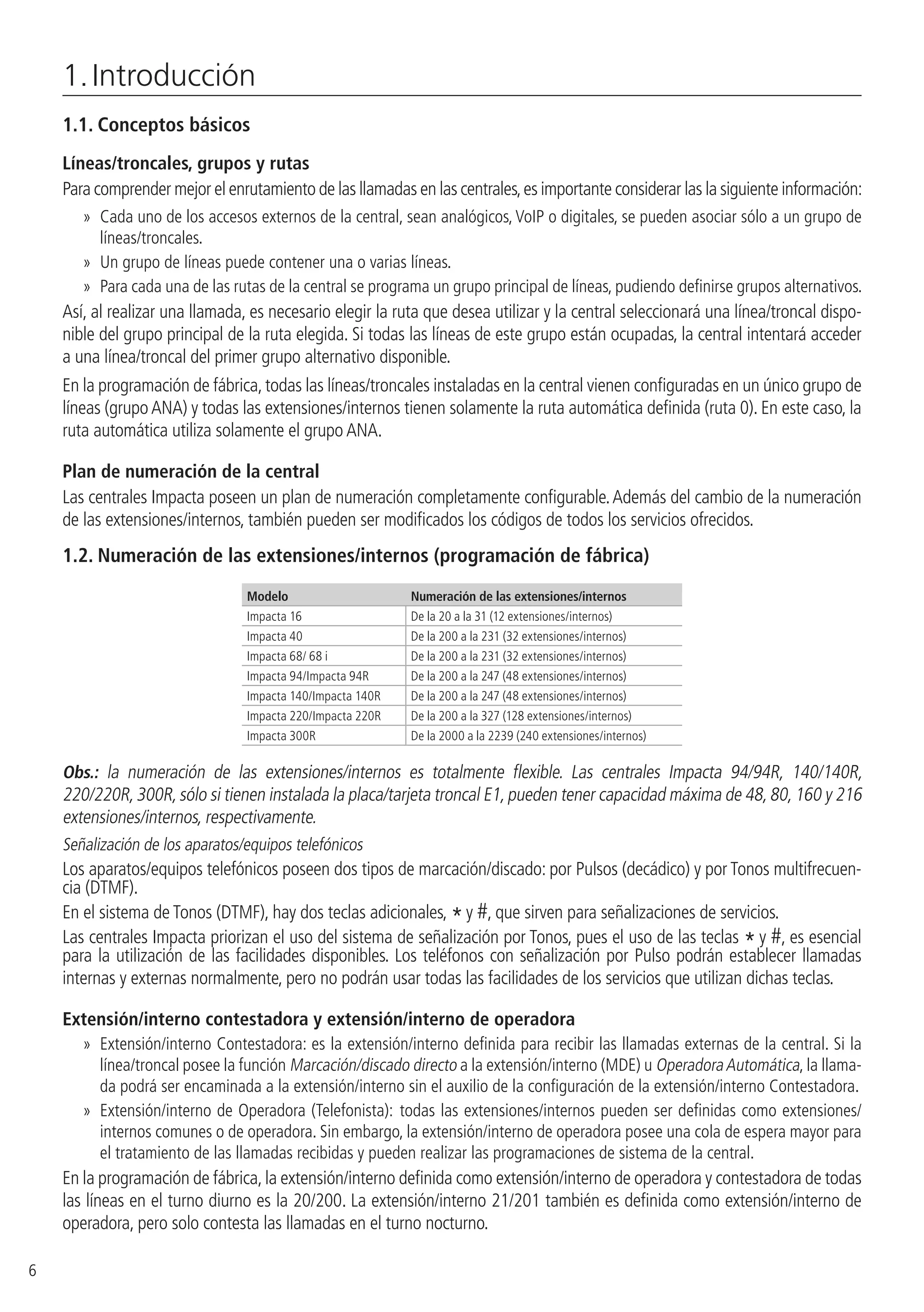 6
1. Introducción
1.1.  Conceptos básicos
Líneas/troncales, grupos y rutas
Para comprender mejor el enrutamiento de las llamadas en las centrales,es importante considerar las la siguiente información:
»» Cada uno de los accesos externos de la central, sean analógicos, VoIP o digitales, se pueden asociar sólo a un grupo de
líneas/troncales.
»» Un grupo de líneas puede contener una o varias líneas.
»» Para cada una de las rutas de la central se programa un grupo principal de líneas, pudiendo definirse grupos alternativos.
Así, al realizar una llamada, es necesario elegir la ruta que desea utilizar y la central seleccionará una línea/troncal dispo-
nible del grupo principal de la ruta elegida. Si todas las líneas de este grupo están ocupadas, la central intentará acceder
a una línea/troncal del primer grupo alternativo disponible.
En la programación de fábrica,todas las líneas/troncales instaladas en la central vienen configuradas en un único grupo de
líneas (grupo ANA) y todas las extensiones/internos tienen solamente la ruta automática definida (ruta 0). En este caso, la
ruta automática utiliza solamente el grupo ANA.
Plan de numeración de la central
Las centrales Impacta poseen un plan de numeración completamente configurable.Además del cambio de la numeración
de las extensiones/internos, también pueden ser modificados los códigos de todos los servicios ofrecidos.
1.2.  Numeración de las extensiones/internos (programación de fábrica)
Modelo Numeración de las extensiones/internos
Impacta 16 De la 20 a la 31 (12 extensiones/internos)
Impacta 40 De la 200 a la 231 (32 extensiones/internos)
Impacta 68/ 68 i De la 200 a la 231 (32 extensiones/internos)
Impacta 94/Impacta 94R De la 200 a la 247 (48 extensiones/internos)
Impacta 140/Impacta 140R De la 200 a la 247 (48 extensiones/internos)
Impacta 220/Impacta 220R De la 200 a la 327 (128 extensiones/internos)
Impacta 300R De la 2000 a la 2239 (240 extensiones/internos)
Obs.: la numeración de las extensiones/internos es totalmente flexible. Las centrales Impacta 94/94R, 140/140R,
220/220R,300R,sólo si tienen instalada la placa/tarjeta troncal E1,pueden tener capacidad máxima de 48,80,160 y 216
extensiones/internos, respectivamente.
Señalización de los aparatos/equipos telefónicos
Los aparatos/equipos telefónicos poseen dos tipos de marcación/discado: por Pulsos (decádico) y por Tonos multifrecuen-
cia (DTMF).
En el sistema de Tonos (DTMF), hay dos teclas adicionales, *y #, que sirven para señalizaciones de servicios.
Las centrales Impacta priorizan el uso del sistema de señalización por Tonos, pues el uso de las teclas *y #, es esencial
para la utilización de las facilidades disponibles. Los teléfonos con señalización por Pulso podrán establecer llamadas
internas y externas normalmente, pero no podrán usar todas las facilidades de los servicios que utilizan dichas teclas.
Extensión/interno contestadora y extensión/interno de operadora
»» Extensión/interno Contestadora: es la extensión/interno definida para recibir las llamadas externas de la central. Si la
línea/troncal posee la función Marcación/discado directo a la extensión/interno (MDE) u OperadoraAutomática, la llama-
da podrá ser encaminada a la extensión/interno sin el auxilio de la configuración de la extensión/interno Contestadora.
»» Extensión/interno de Operadora (Telefonista): todas las extensiones/internos pueden ser definidas como extensiones/
internos comunes o de operadora. Sin embargo, la extensión/interno de operadora posee una cola de espera mayor para
el tratamiento de las llamadas recibidas y pueden realizar las programaciones de sistema de la central.
En la programación de fábrica,la extensión/interno definida como extensión/interno de operadora y contestadora de todas
las líneas en el turno diurno es la 20/200. La extensión/interno 21/201 también es definida como extensión/interno de
operadora, pero solo contesta las llamadas en el turno nocturno.
 