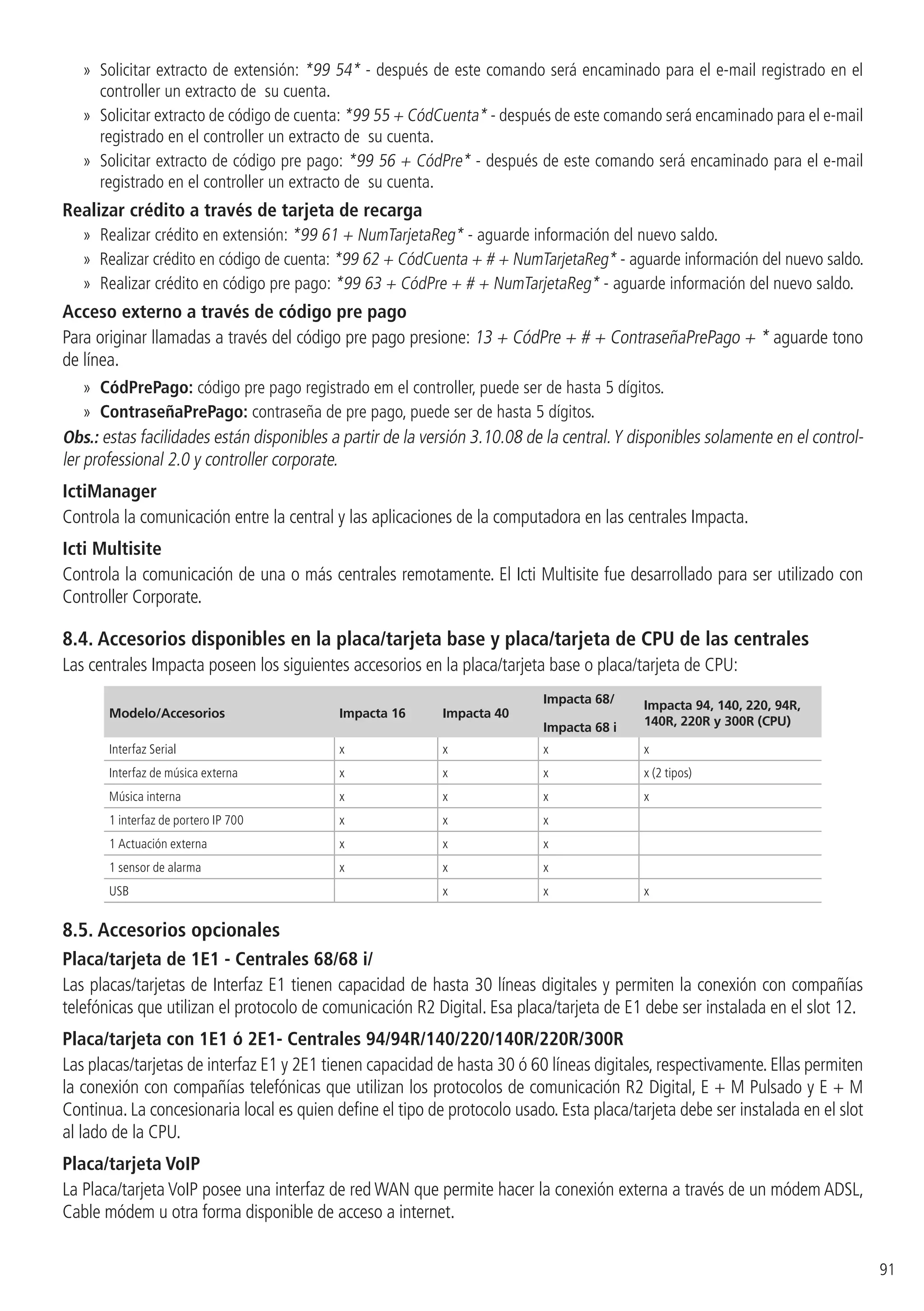 91
»» Solicitar extracto de extensión: *99 54* - después de este comando será encaminado para el e-mail registrado en el
controller un extracto de su cuenta.
»» Solicitar extracto de código de cuenta: *99 55 + CódCuenta* - después de este comando será encaminado para el e-mail
registrado en el controller un extracto de su cuenta.
»» Solicitar extracto de código pre pago: *99 56 + CódPre* - después de este comando será encaminado para el e-mail
registrado en el controller un extracto de su cuenta.
Realizar crédito a través de tarjeta de recarga
»» Realizar crédito en extensión: *99 61 + NumTarjetaReg* - aguarde información del nuevo saldo.
»» Realizar crédito en código de cuenta: *99 62 + CódCuenta + # + NumTarjetaReg* - aguarde información del nuevo saldo.
»» Realizar crédito en código pre pago: *99 63 + CódPre + # + NumTarjetaReg* - aguarde información del nuevo saldo.
Acceso externo a través de código pre pago
Para originar llamadas a través del código pre pago presione: 13 + CódPre + # + ContraseñaPrePago + * aguarde tono
de línea.
»» CódPrePago: código pre pago registrado em el controller, puede ser de hasta 5 dígitos.
»» ContraseñaPrePago: contraseña de pre pago, puede ser de hasta 5 dígitos.
Obs.: estas facilidades están disponibles a partir de la versión 3.10.08 de la central.Y disponibles solamente en el control-
ler profes­sional 2.0 y controller corporate.
IctiManager
Controla la comunicación entre la central y las aplicaciones de la computadora en las centrales Impacta.
Icti Multisite
Controla la comunicación de una o más centrales remotamente. El Icti Multisite fue desarrollado para ser utilizado con
Controller Corporate.
8.4.  Accesorios disponibles en la placa/tarjeta base y placa/tarjeta de CPU de las centrales
Las centrales Impacta poseen los siguientes accesorios en la placa/tarjeta base o placa/tarjeta de CPU:
Modelo/Accesorios Impacta 16 Impacta 40
Impacta 68/
Impacta 68 i
Impacta 94, 140, 220, 94R,
140R, 220R y 300R (CPU)
Interfaz Serial x x x x
Interfaz de música externa x x x x (2 tipos)
Música interna x x x x
1 interfaz de portero IP 700 x x x
1 Actuación externa x x x
1 sensor de alarma x x x
USB x x x
8.5.  Accesorios opcionales
Placa/tarjeta de 1E1 - Centrales 68/68 i/
Las placas/tarjetas de Interfaz E1 tienen capacidad de hasta 30 líneas digitales y permiten la conexión con compañías
telefónicas que utilizan el protocolo de comunicación R2 Digital. Esa placa/tarjeta de E1 debe ser instalada en el slot 12.
Placa/tarjeta con 1E1 ó 2E1- Centrales 94/94R/140/220/140R/220R/300R
Las placas/tarjetas de interfaz E1 y 2E1 tienen capacidad de hasta 30 ó 60 líneas digitales, respectivamente. Ellas permiten
la conexión con compañías telefónicas que utilizan los protocolos de comunicación R2 Digital, E + M Pulsado y E + M
Continua. La concesionaria local es quien define el tipo de protocolo usado. Esta placa/tarjeta debe ser instalada en el slot
al lado de la CPU.
Placa/tarjeta VoIP
La Placa/tarjeta VoIP posee una interfaz de red WAN que permite hacer la conexión externa a través de un módem ADSL,
Cable módem u otra forma disponible de acceso a internet.
 