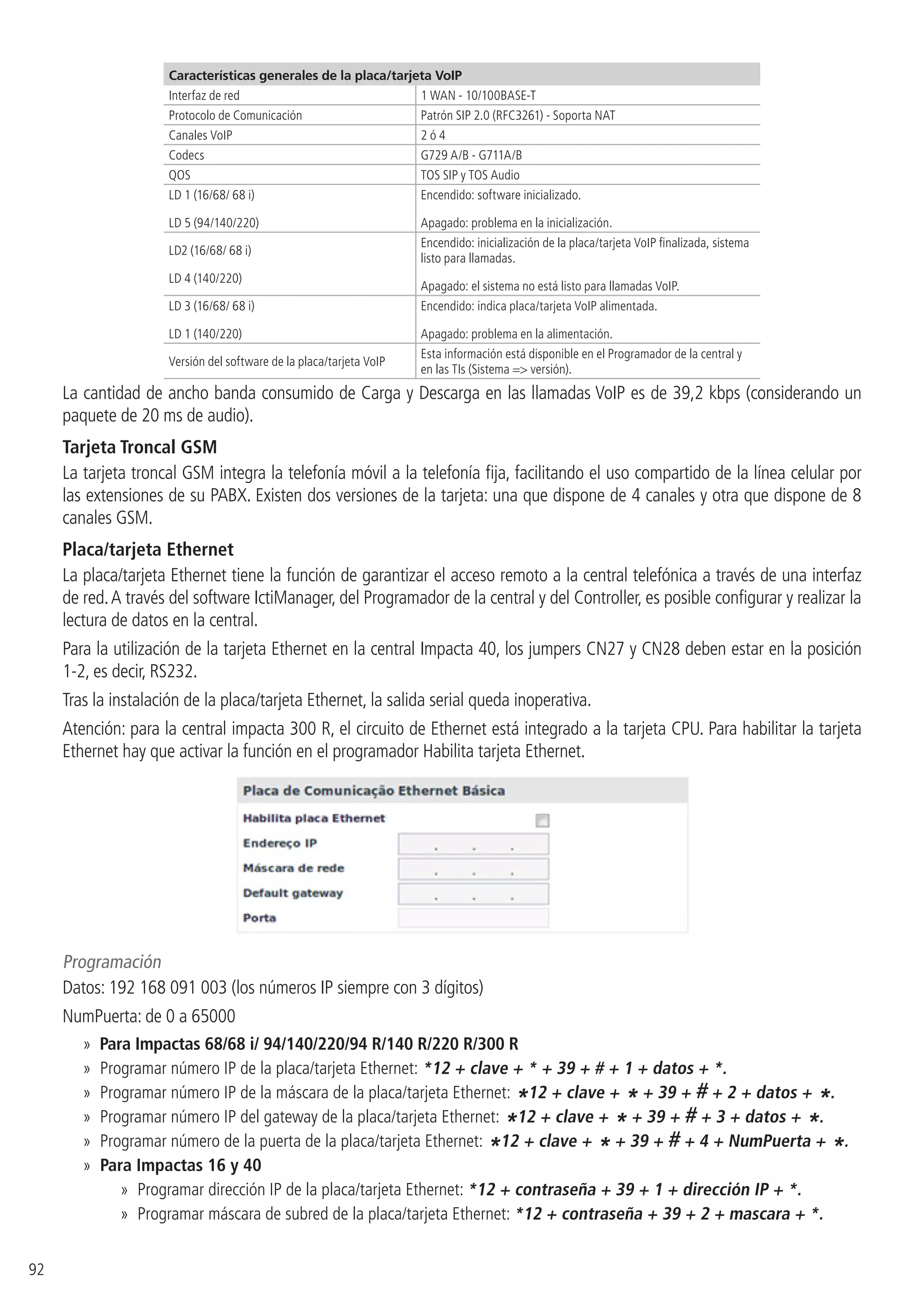92
Características generales de la placa/tarjeta VoIP
Interfaz de red 1 WAN - 10/100BASE-T
Protocolo de Comunicación Patrón SIP 2.0 (RFC3261) - Soporta NAT
Canales VoIP 2 ó 4
Codecs G729 A/B - G711A/B
QOS TOS SIP y TOS Audio
LD 1 (16/68/ 68 i)
LD 5 (94/140/220)
Encendido: software inicializado.
Apagado: problema en la inicialización.
LD2 (16/68/ 68 i)
LD 4 (140/220)
Encendido: inicialización de la placa/tarjeta VoIP finalizada, sistema
listo para llamadas.
Apagado: el sistema no está listo para llamadas VoIP.
LD 3 (16/68/ 68 i)
LD 1 (140/220)
Encendido: indica placa/tarjeta VoIP alimentada.
Apagado: problema en la alimentación.
Versión del software de la placa/tarjeta VoIP
Esta información está disponible en el Programador de la central y
en las TIs (Sistema = versión).
La cantidad de ancho banda consumido de Carga y Descarga en las llamadas VoIP es de 39,2 kbps (considerando un
paquete de 20 ms de audio).
Tarjeta Troncal GSM
La tarjeta troncal GSM integra la telefonía móvil a la telefonía fija, facilitando el uso compartido de la línea celular por
las extensiones de su PABX. Existen dos versiones de la tarjeta: una que dispone de 4 canales y otra que dispone de 8
canales GSM.
Placa/tarjeta Ethernet
La placa/tarjeta Ethernet tiene la función de garantizar el acceso remoto a la central telefónica a través de una interfaz
de red.A través del software IctiManager, del Programador de la central y del Controller, es posible configurar y realizar la
lectura de datos en la central.
Para la utilización de la tarjeta Ethernet en la central Impacta 40, los jumpers CN27 y CN28 deben estar en la posición
1-2, es decir, RS232.
Tras la instalación de la placa/tarjeta Ethernet, la salida serial queda inoperativa.
Atención: para la central impacta 300 R, el circuito de Ethernet está integrado a la tarjeta CPU. Para habilitar la tarjeta
Ethernet hay que activar la función en el programador Habilita tarjeta Ethernet.
Programación
Datos: 192 168 091 003 (los números IP siempre con 3 dígitos)
NumPuerta: de 0 a 65000
»» Para Impactas 68/68 i/ 94/140/220/94 R/140 R/220 R/300 R
»» Programar número IP de la placa/tarjeta Ethernet: *12 + clave + * + 39 + # + 1 + datos + *.
»» Programar número IP de la máscara de la placa/tarjeta Ethernet:
*12 + clave + * + 39 + # + 2 + datos + *.
»» Programar número IP del gateway de la placa/tarjeta Ethernet: *12 + clave + * + 39 + # + 3 + datos + *.
»» Programar número de la puerta de la placa/tarjeta Ethernet:
*12 + clave + * + 39 + # + 4 + NumPuerta + *.
»» Para Impactas 16 y 40
»» Programar dirección IP de la placa/tarjeta Ethernet: *12 + contraseña + 39 + 1 + dirección IP + *.
»» Programar máscara de subred de la placa/tarjeta Ethernet: *12 + contraseña + 39 + 2 + mascara + *.
 