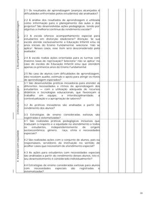 10
2.Acompanhamentodaaprendizagem
2.1 Os resultados de aprendizagem (avanços alcançados e
dificuldades enfrentadas pelos estudantes) são analisados?
2.2 A análise dos resultados de aprendizagem é utilizada
como informação para o planejamento das aulas e dos
projetos? São desenvolvidas ações pedagógicas, tendo por
objetivo a melhoria contínua do rendimento escolar?
2.3 A escola oferece acompanhamento especial para
estudantes em distorção idade/série? Atenção: Se sua
escola atende exclusivamente a Educação Infantil e/ou os
anos iniciais do Ensino Fundamental, selecione “não se
aplica”. Nesses casos, esse item será desconsiderado pelo
avaliador.
2.4 A escola realiza ações orientadas para as turmas com
maiores taxas de reprovação? Selecione” não se aplica” no
caso de escolas de Educação Infantil e/ou que atendem
apenas os primeiros anos do Ensino Fundamental.
2.5 No caso de alunos com dificuldades de aprendizagem,
eles recebem auxílio, estímulo e apoio para atingir os níveis
de aprendizagem esperados?
3.Inovaçãopedagógica
3.1 São desenvolvidas práticas inovadoras para atender as
diferentes necessidades e ritmos de aprendizagem dos
estudantes — com a utilização adequada de recursos
didáticos e tecnologias educacionais, que favoreçam o
trabalho em equipe, a interdisciplinaridade, a
contextualização e a apropriação de saberes?
3.2 As práticas inovadoras são analisadas a partir do
rendimento dos alunos?
3.3 Estratégias de ensino consideradas exitosas são
registradas e sistematizadas?
4.Inclusãocomequidade
4.1 São realizadas práticas pedagógicas inclusivas que
traduzam o respeito e a equidade no atendimento a todos
os estudantes, independentemente de origem
socioeconômica, gênero, raça, etnia e necessidades
especiais?
4.2 São realizadas ações com o conjunto de alunos, pais ou
responsáveis, servidores da instituição no sentido de
acolher casos que necessitam de atendimento especial?
4.3 As ações para estudantes com necessidades especiais
são analisadas a partir do rendimento desses alunos, isto é,
seu desenvolvimento é considerado individualmente?
4.4 Estratégias de ensino consideradas exitosas para alunos
com necessidades especiais são registradas e
sistematizadas?
 