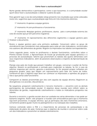 6
Como fazer a autoavaliação?
Numa gestão democrática e participativa, como a que buscamos, é a comunidade escolar
quem deve fazer a autoavaliação e elaborar o plano de ação.
Para garantir que a voz da comunidade esteja presente nos resultados que serão colocados
neste site, sugerimos que a autoavaliação seja feita em três momentos distintos:
1º momento  apenas a equipe gestora
2º momento  com professores e funcionários
3º momento equipe gestora, professores, alunos, pais e comunidade externa (no
caso de escolas que já tem parceiros regulares)
4º momento  representantes dos diferentes segmentos e equipe gestora para
finalizar o documento.
Reúna a equipe gestora para uma primeira avaliação. Conversem sobre os graus de
atendimento que consideram mais adequados para cada um dos indicadores, encontrados
nos subitens das dimensões da gestão. Registre as impressões nas tabelas correspondentes.
Como segundo passo, reúna os professores e demais funcionários, conte-lhes sobre o
Prêmio Gestão Escolar, a Apresentação da Escola (já produzida pela equipe gestora) e o
processo de autoavaliação. Solicite que preencham as tabelas das quatro dimensões com
seus respectivos indicadores, além de possíveis observações a respeito da Apresentação da
Escola.
Planeje essa ação de modo que possam trabalhar em grupo, conversar e avaliar de forma
objetiva. Deixem os profissionais à vontade para responder as tabelas. Se for o caso de
solicitar respostas por escrito, garanta o anonimato. Se for possível propor reflexões em
pequenos grupos, peça que elejam um representante para falar em nome de todos.
Lembrem-se que o objetivo aqui deve ser conhecer as impressões e opiniões do grupo e
não o que pensa cada funcionário.
Comparem as tabelas preenchidas por eles com aquelas da equipe diretiva. Registrem as
divergências e os acordos, discutindo-os.
Na sequência, preparem coletivamente o terceiro momento — encontro com os demais
participantes da comunidade escolar. O objetivo dessa reunião será refletir sobre as
dimensões da gestão, respondendo coletivamente a todos os indicadores propostos nas
tabelas.
Durante o encontro, a gestão escolar deve ser avaliada nas várias dimensões e isso pode ser
bastante exigente. Assim, vale preparar a reunião com antecedência para que o momento
seja bem proveitoso. A equipe diretiva, que já participou dos dois momentos anteriores,
certamente poderá ajudar muito no planejamento e na realização dos trabalhos.
Comece contando sobre o PGE e a importância do processo de autoavaliação e da
elaboração do plano de ação. Esclareça que o objetivo da reunião é conversar sobre cada
um dos indicadores e preencher as tabelas coletivamente.
 