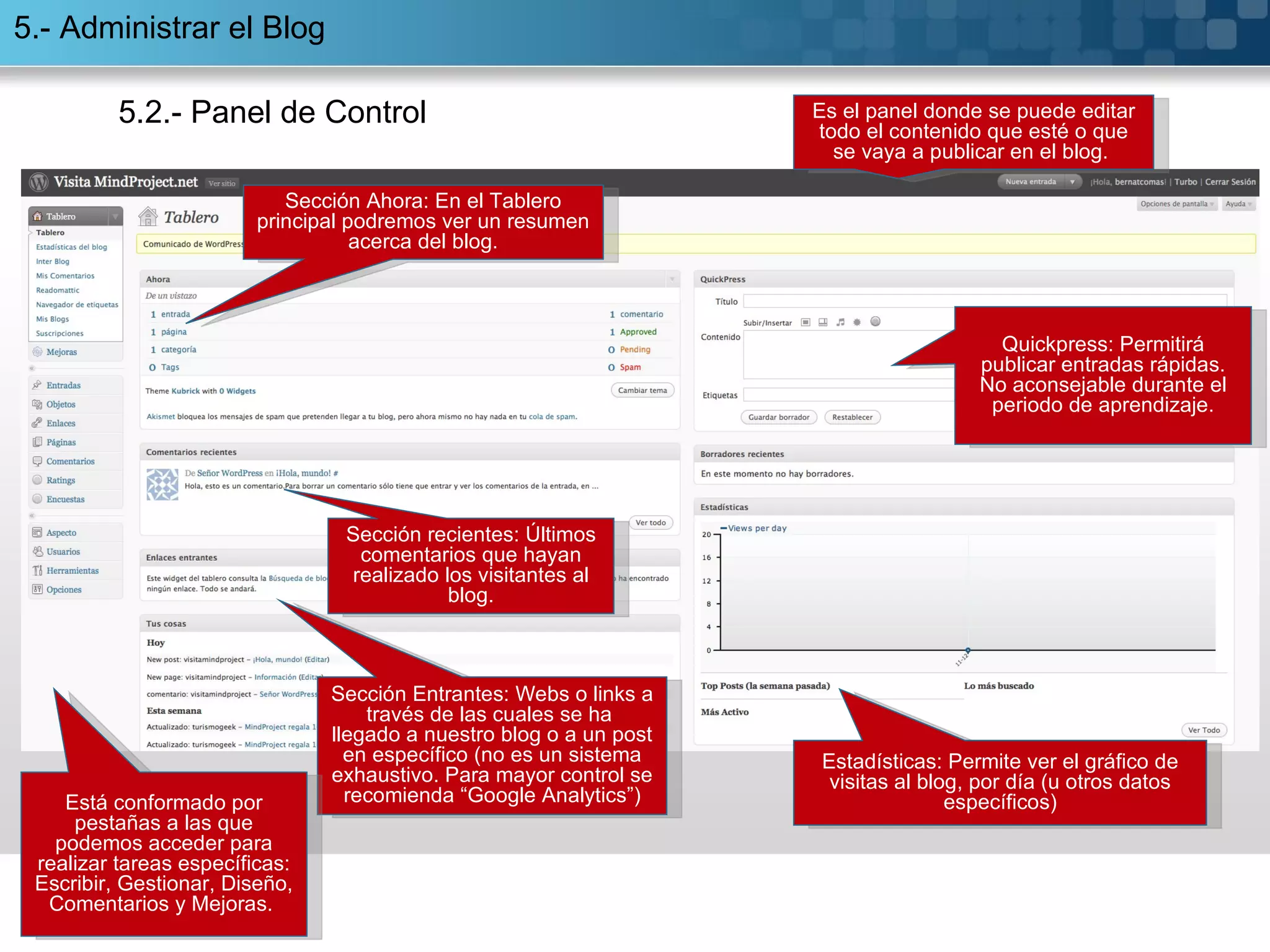 5.2.- Panel de Control Sección Entrantes: Webs o links a través de las cuales se ha  llegado a nuestro blog o a un post en específico (no es un sistema exhaustivo. Para mayor control se recomienda “Google Analytics”) Sección recientes: Últimos comentarios que hayan realizado los visitantes al blog. Sección Ahora: En el Tablero principal podremos ver un resumen acerca del blog. Está conformado por pestañas a las que podemos acceder para realizar tareas específicas: Escribir, Gestionar, Diseño, Comentarios y Mejoras.  Es el panel donde se puede editar todo el contenido que esté o que se vaya a publicar en el blog.  Estadísticas: Permite ver el gráfico de visitas al blog, por día (u otros datos específicos) Quickpress: Permitirá publicar entradas rápidas. No aconsejable durante el periodo de aprendizaje. 5.- Administrar el Blog 