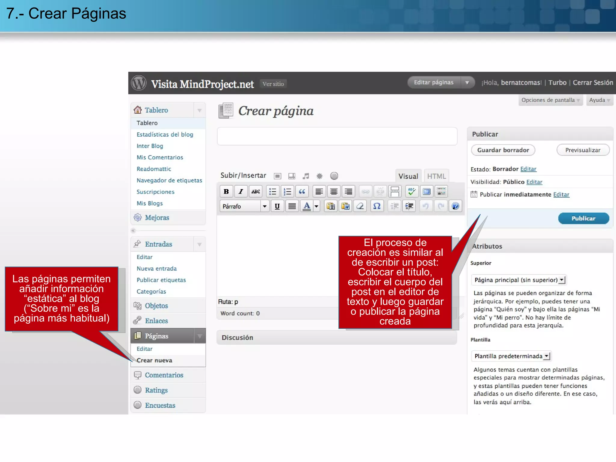 7.- Crear Páginas  Las páginas permiten añadir información “estática” al blog (“Sobre mi” es la página más habitual) . El proceso de creación es similar al de escribir un post : Colocar el título, escribir el cuerpo del post en el editor de texto y luego guardar o publicar la página creada 