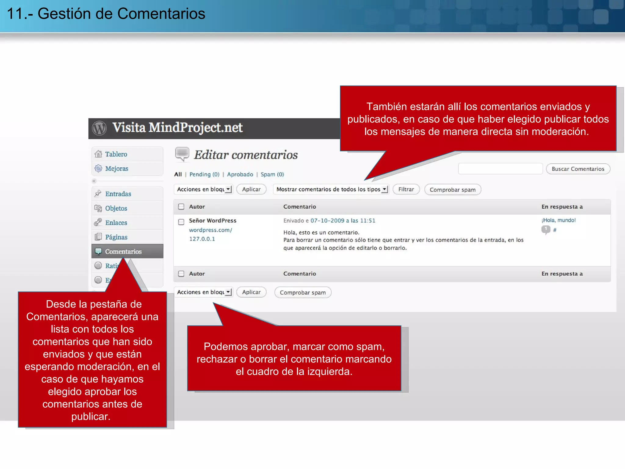 11.- Gestión de Comentarios Desde la pestaña de Comentarios, aparecerá una lista con todos los comentarios que han sido enviados y que están esperando moderación, en el caso de que hayamos elegido aprobar los comentarios antes de publicar.  También estarán allí los comentarios enviados y publicados, en caso de que haber elegido publicar todos los mensajes de manera directa sin moderación.  Podemos aprobar, marcar como spam, rechazar o borrar el comentario marcando el cuadro de la izquierda. 