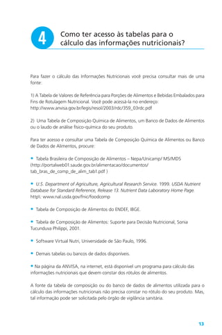 13
Para fazer o cálculo das Informações Nutricionais você precisa consultar mais de uma
fonte:
1) A Tabela de Valores de Referência para Porções de Alimentos e Bebidas Embalados para
Fins de Rotulagem Nutricional. Você pode acessá-la no endereço:
http://www.anvisa.gov.br/legis/resol/2003/rdc/359_03rdc.pdf
2) Uma Tabela de Composição Química de Alimentos, um Banco de Dados de Alimentos
ou o laudo de análise físico-química do seu produto.
Para ter acesso e consultar uma Tabela de Composição Química de Alimentos ou Banco
de Dados de Alimentos, procure:
• Tabela Brasileira de Composição de Alimentos – Nepa/Unicamp/ MS/MDS
(http://portalweb01.saude.gov.br/alimentacao/documentos/
tab_bras_de_comp_de_alim_tab1.pdf )
• U.S. Department of Agriculture, Agricultural Research Service. 1999. USDA Nutrient
Database for Standard Reference, Release 13. Nutrient Data Laboratory Home Page.
http: www.nal.usda.gov/fnic/foodcomp
• Tabela de Composição de Alimentos do ENDEF, IBGE.
• Tabela de Composição de Alimentos: Suporte para Decisão Nutricional, Sonia
Tucunduva Philippi, 2001.
• Software Virtual Nutri, Universidade de São Paulo, 1996.
• Demais tabelas ou bancos de dados disponíveis.
• Na página da ANVISA, na internet, está disponível um programa para cálculo das
informações nutricionais que devem constar dos rótulos de alimentos.
A fonte da tabela de composição ou do banco de dados de alimentos utilizada para o
cálculo das informações nutricionais não precisa constar no rótulo do seu produto. Mas,
tal informação pode ser solicitada pelo órgão de vigilância sanitária.
Como ter acesso às tabelas para o
cálculo das informações nutricionais?r
 