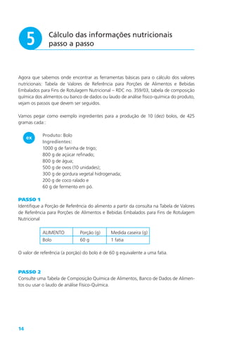 14
Cálculo das informações nutricionais
passo a passot
Agora que sabemos onde encontrar as ferramentas básicas para o cálculo dos valores
nutricionais: Tabela de Valores de Referência para Porções de Alimentos e Bebidas
Embalados para Fins de Rotulagem Nutricional – RDC no. 359/03, tabela de composição
química dos alimentos ou banco de dados ou laudo de análise físico-química do produto,
vejam os passos que devem ser seguidos.
Vamos pegar como exemplo ingredientes para a produção de 10 (dez) bolos, de 425
gramas cada::
Produto: Bolo
Ingredientes:
1000 g de farinha de trigo;
800 g de açúcar refinado;
800 g de água;
500 g de ovos (10 unidades);
300 g de gordura vegetal hidrogenada;
200 g de coco ralado e
60 g de fermento em pó.
PASSO 1
Identifique a Porção de Referência do alimento a partir da consulta na Tabela de Valores
de Referência para Porções de Alimentos e Bebidas Embalados para Fins de Rotulagem
Nutricional
ALIMENTO Porção (g) Medida caseira (g)
Bolo 60 g 1 fatia
O valor de referência (a porção) do bolo é de 60 g equivalente a uma fatia.
PASSO 2
Consulte uma Tabela de Composição Química de Alimentos, Banco de Dados de Alimen-
tos ou usar o laudo de análise Físico-Química.
ex
 
