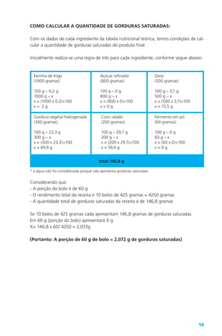 19
COMO CALCULAR A QUANTIDADE DE GORDURAS SATURADAS:
Com os dados de cada ingrediente da tabela nutricional teórica, temos condições de cal-
cular a quantidade de gorduras saturadas do produto final.
Inicialmente realiza-se uma regra de três para cada ingrediente, conforme segue abaixo:
Farinha de trigo
(1000 gramas)
100 g – 0,2 g
1000 g – x
x = (1000 x 0,2)÷100
x = 2 g
Açúcar refinado
(800 gramas)
100 g – 0 g
800 g – x
x = (800 x 0)÷100
x = 0 g
Ovos
(500 gramas)
100 g – 3,1 g
500 g – x
x = (500 x 3,1)÷100
x = 15,5 g
Gordura vegetal hidrogenada
(300 gramas)
100 g – 23,3 g
300 g – x
x = (300 x 23,3)÷100
x = 69,9 g
Coco ralado
(200 gramas)
100 g – 29,7 g
200 g – x
x = (200 x 29,7)÷100
x = 59,4 g
Fermento em pó
(60 gramas)
100 g – 0 g
60 g – x
x = (60 x 0)÷100
x = 0 g
total 146,8 g
* a água não foi contabilizada porque não apresenta gorduras saturadas.
Considerando que:
- A porção do bolo é de 60 g
- O rendimento total da receita é 10 bolos de 425 gramas = 4250 gramas
- A quantidade total de gorduras saturadas da receita é de 146,8 gramas
Se 10 bolos de 425 gramas cada apresentam 146,8 gramas de gorduras saturadas
Em 60 g (porção do bolo) apresentará X g
X= 146,8 x 60/ 4250 = 2,072g
(Portanto: A porção de 60 g de bolo = 2,072 g de gorduras saturadas)
 