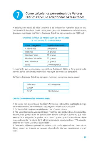 27
Como calcular os percentuais de Valores
Diários (%VD) e arredondar os resultadosu
A declaração no rótulo do Valor Energético e do conteúdo de nutrientes deve ser feita
também em % de Valores Diários (%VD), como já foi dito anteriormente. A Tabela abaixo
descreve a quantidade dos Valores Diários de Referência para uma dieta de 2000 kcal.
Valor Energético
Carboidratos
Proteínas
Gorduras Totais
Gorduras Saturadas
Fibra Alimentar
Sódio
2000 kcal ou 8400 kJ
300 gramas
75 gramas
55 gramas
22 gramas
25 gramas
2400 miligramas
É importante que as informações referentes a Colesterol, Cálcio, e Ferro estejam dis-
poníveis para o consumidor, mesmo que não sejam de declaração obrigatória.
Os Valores Diários de Referência para estes nutrientes constam da tabela abaixo:
OUTRAS INFORMAÇÕES IMPORTANTES:
1. De acordo com a norma para Rotulagem Nutricional é obrigatória a aplicação da regra
de arredondamento de nutrientes na declaração da informação nutricional.
2. Os Valores Diários devem ser declarados com números inteiros.
3. Não são estabelecidos valores diários de referência para gordura trans. Fica excluída a
declaração de gordura trans em porcentagem de valor diário (%VD) uma vez que não é
recomendada a ingestão de gordura trans, mesmo que em quantidades mínimas. Nesse
caso, pode constar na coluna do % VD correspondente a gorduras trans: “VD não esta-
belecido” ou “Valor Diário não estabelecido”.
4. Deve ser incluída como parte da informação nutricional a seguinte frase: “Seus valores
diários podem ser maiores ou menores, dependendo das suas necessidades energé-
ticas”.
300 miligramas
14 miligramas
Colesterol*
Cálcio*
Ferro*
VALORES DIÁRIOS DE REFERÊNCIA DE NUTRIENTES
DE DECLARAÇÃO OBRIGATÓRIA
1000 miligramas
 