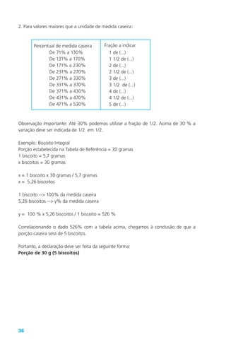 36
2. Para valores maiores que a unidade de medida caseira:
Percentual de medida caseira
De 71% a 130%
De 131% a 170%
De 171% a 230%
De 231% a 270%
De 271% a 330%
De 331% a 370%
De 371% a 430%
De 431% a 470%
De 471% a 530%
Observação Importante: Até 30% podemos utilizar a fração de 1/2. Acima de 30 % a
variação deve ser indicada de 1/2 em 1/2.
Exemplo: Biscoito Integral
Porção estabelecida na Tabela de Referência = 30 gramas
1 biscoito = 5,7 gramas
x biscoitos = 30 gramas
x = 1 biscoito x 30 gramas / 5,7 gramas
x = 5,26 biscoitos
1 biscoito --> 100% da medida caseira
5,26 biscoitos --> y% da medida caseira
y = 100 % x 5,26 biscoitos / 1 biscoito = 526 %
Correlacionando o dado 526% com a tabela acima, chegamos à conclusão de que a
porção caseira será de 5 biscoitos.
Portanto, a declaração deve ser feita da seguinte forma:
Porção de 30 g (5 biscoitos)
1 de (...)
1 1/2 de (...)
2 de (...)
2 1/2 de (...)
3 de (...)
3 1/2 de (...)
4 de (...)
4 1/2 de (...)
5 de (...)
Fração a indicar
 