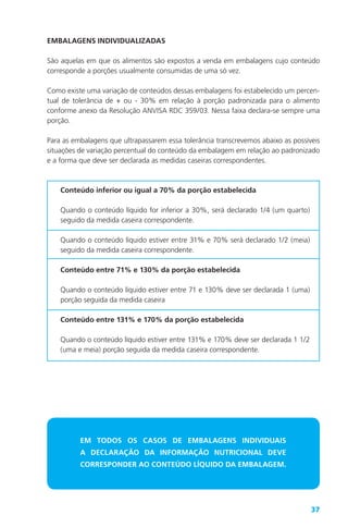 37
EMBALAGENS INDIVIDUALIZADAS
São aquelas em que os alimentos são expostos a venda em embalagens cujo conteúdo
corresponde a porções usualmente consumidas de uma só vez.
Como existe uma variação de conteúdos dessas embalagens foi estabelecido um percen-
tual de tolerância de + ou - 30% em relação à porção padronizada para o alimento
conforme anexo da Resolução ANVISA RDC 359/03. Nessa faixa declara-se sempre uma
porção.
Para as embalagens que ultrapassarem essa tolerância transcrevemos abaixo as possíveis
situações de variação percentual do conteúdo da embalagem em relação ao padronizado
e a forma que deve ser declarada as medidas caseiras correspondentes.
Conteúdo inferior ou igual a 70% da porção estabelecida
Quando o conteúdo líquido for inferior a 30%, será declarado 1/4 (um quarto)
seguido da medida caseira correspondente.
Quando o conteúdo líquido estiver entre 31% e 70% será declarado 1/2 (meia)
seguido da medida caseira correspondente.
Conteúdo entre 71% e 130% da porção estabelecida
Quando o conteúdo líquido estiver entre 71 e 130% deve ser declarada 1 (uma)
porção seguida da medida caseira
Conteúdo entre 131% e 170% da porção estabelecida
Quando o conteúdo líquido estiver entre 131% e 170% deve ser declarada 1 1/2
(uma e meia) porção seguida da medida caseira correspondente.
EM TODOS OS CASOS DE EMBALAGENS INDIVIDUAIS
A DECLARAÇÃO DA INFORMAÇÃO NUTRICIONAL DEVE
CORRESPONDER AO CONTEÚDO LÍQUIDO DA EMBALAGEM.
 